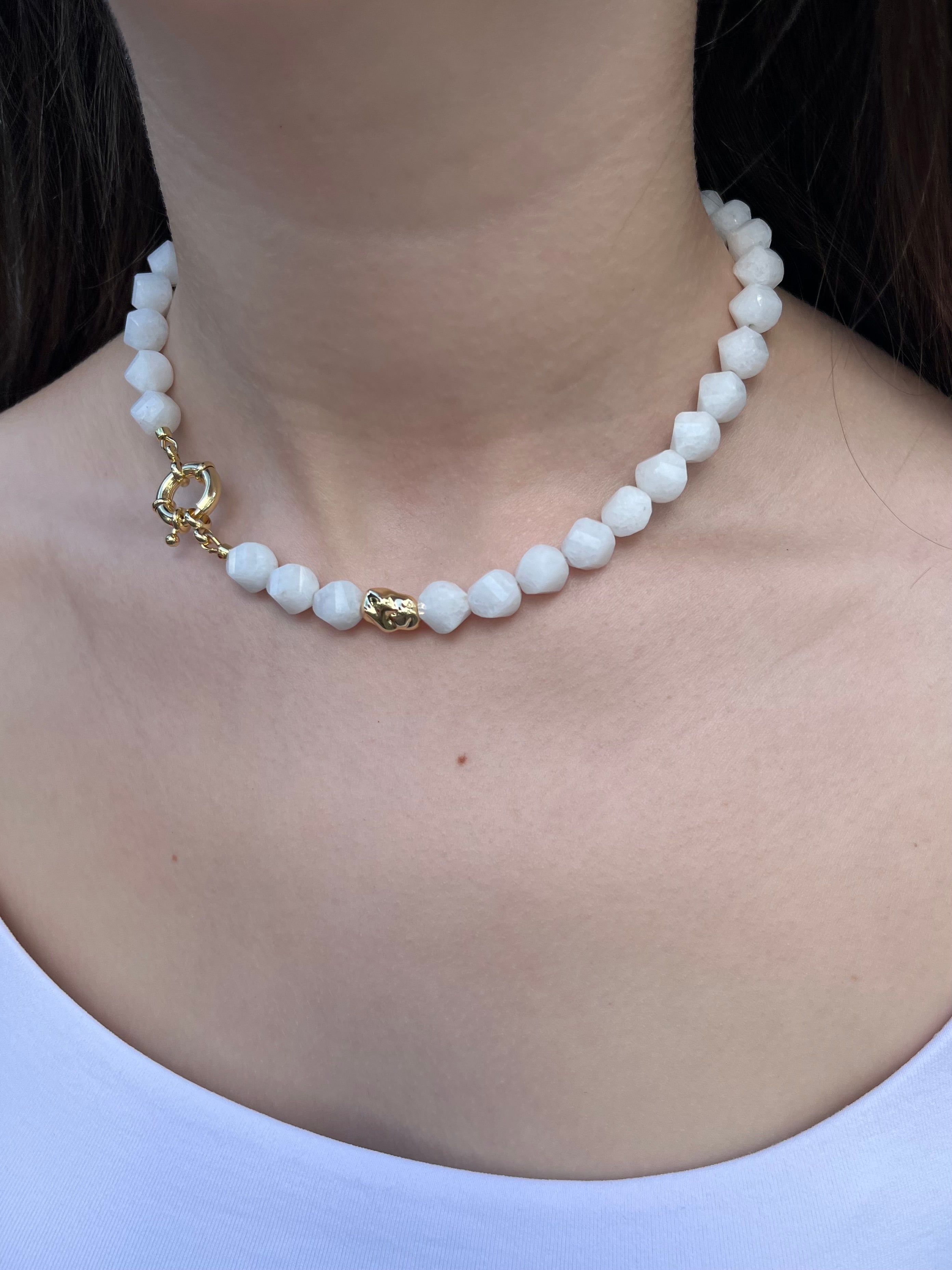 Natural White Jade Necklace with Gold Accent