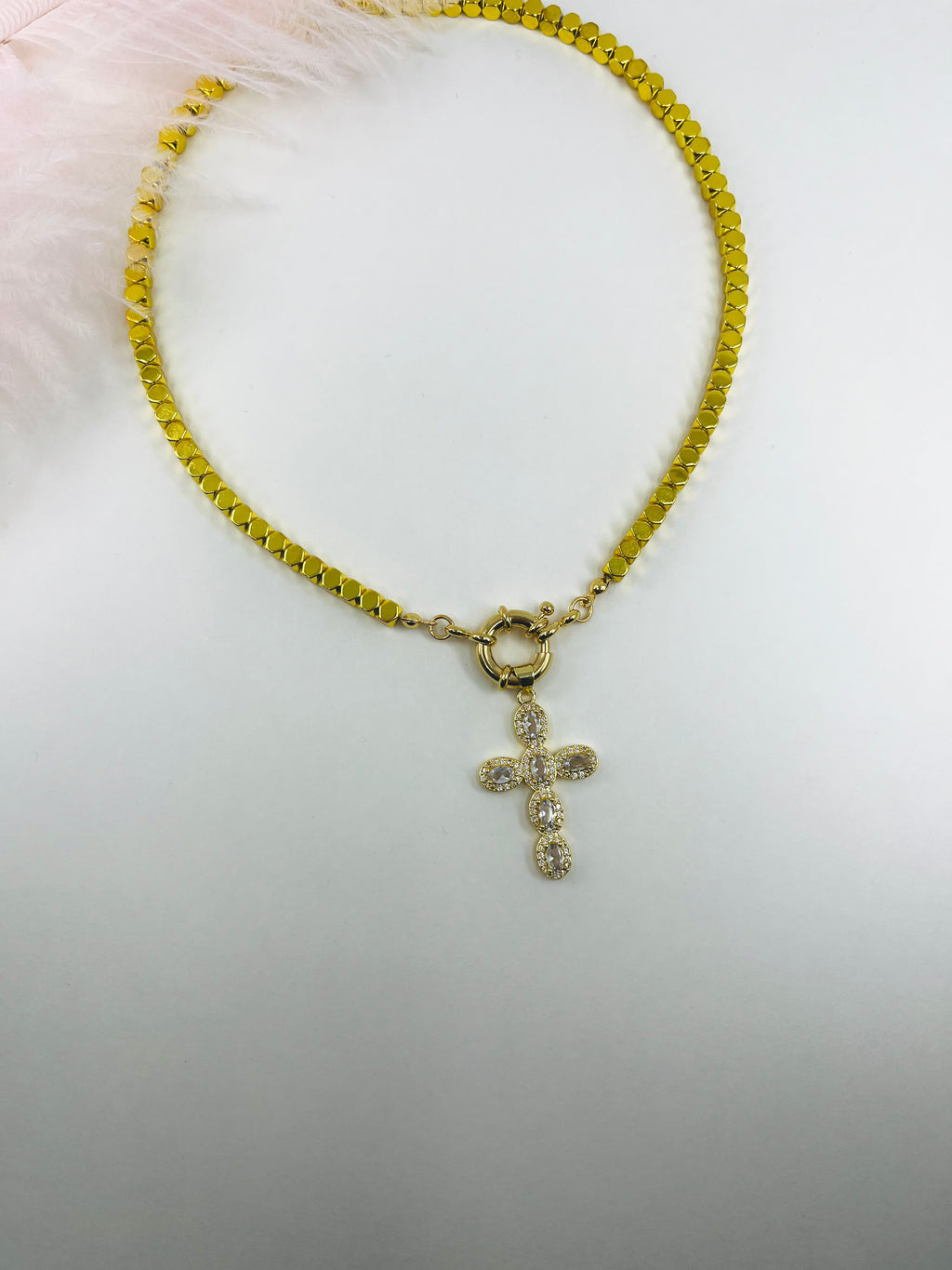 Gold Hematite Cross Necklace, 18K Gold Plated pendant