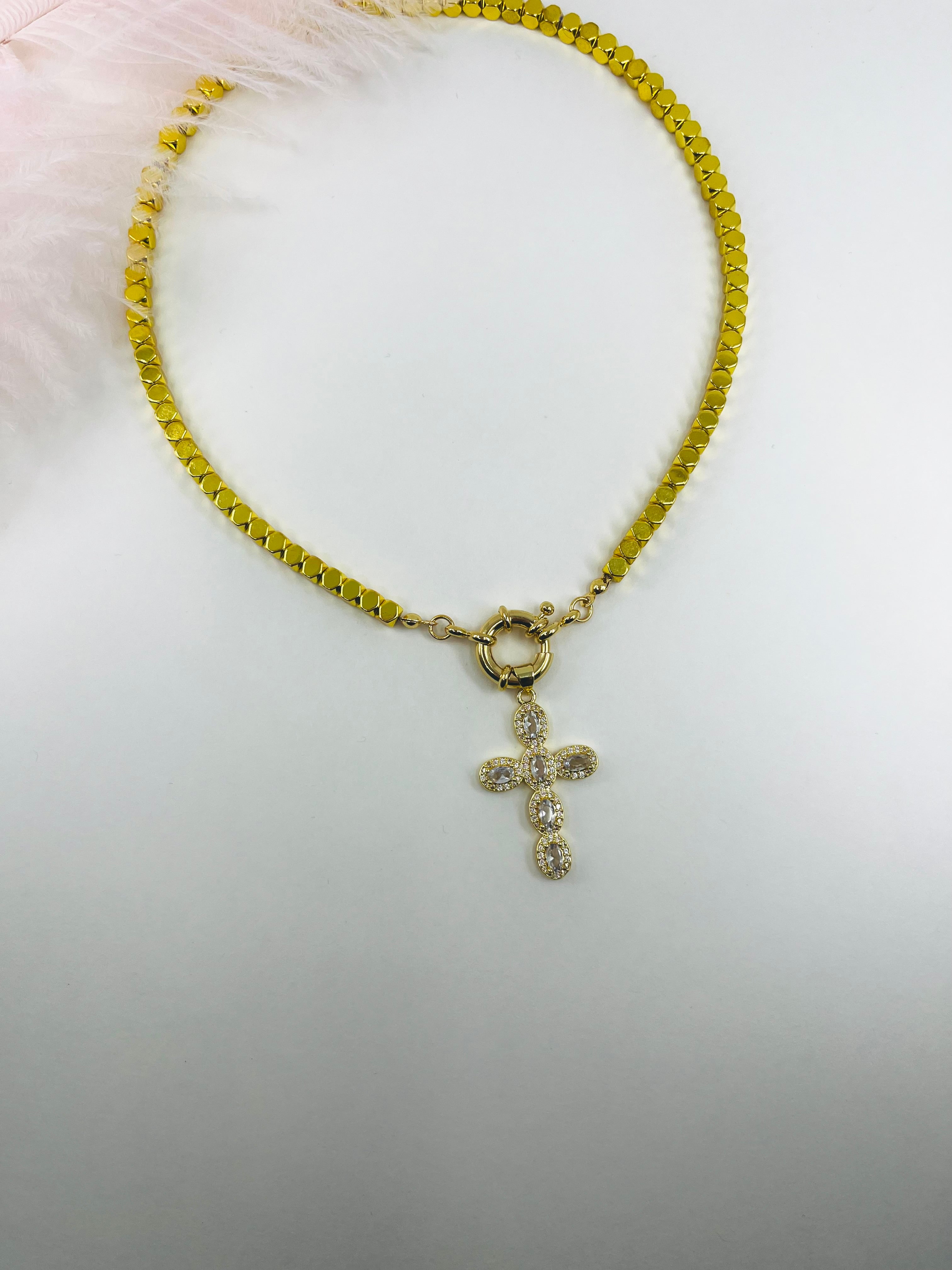 Gold Hematite Cross Necklace, 18K Gold Plated pendant