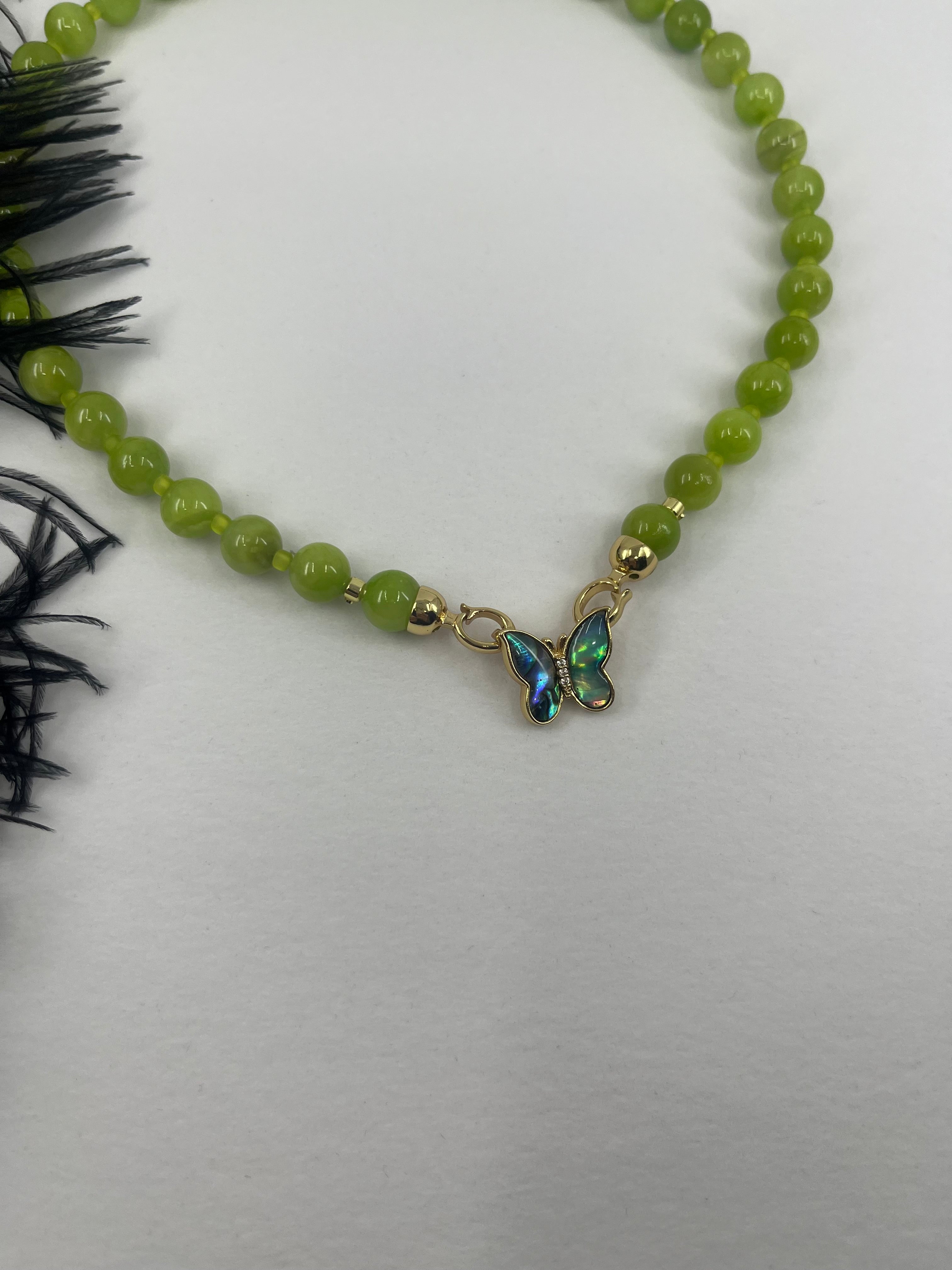 Natural Light Green Jade Necklace with 18K Gold Butterfly Clasp