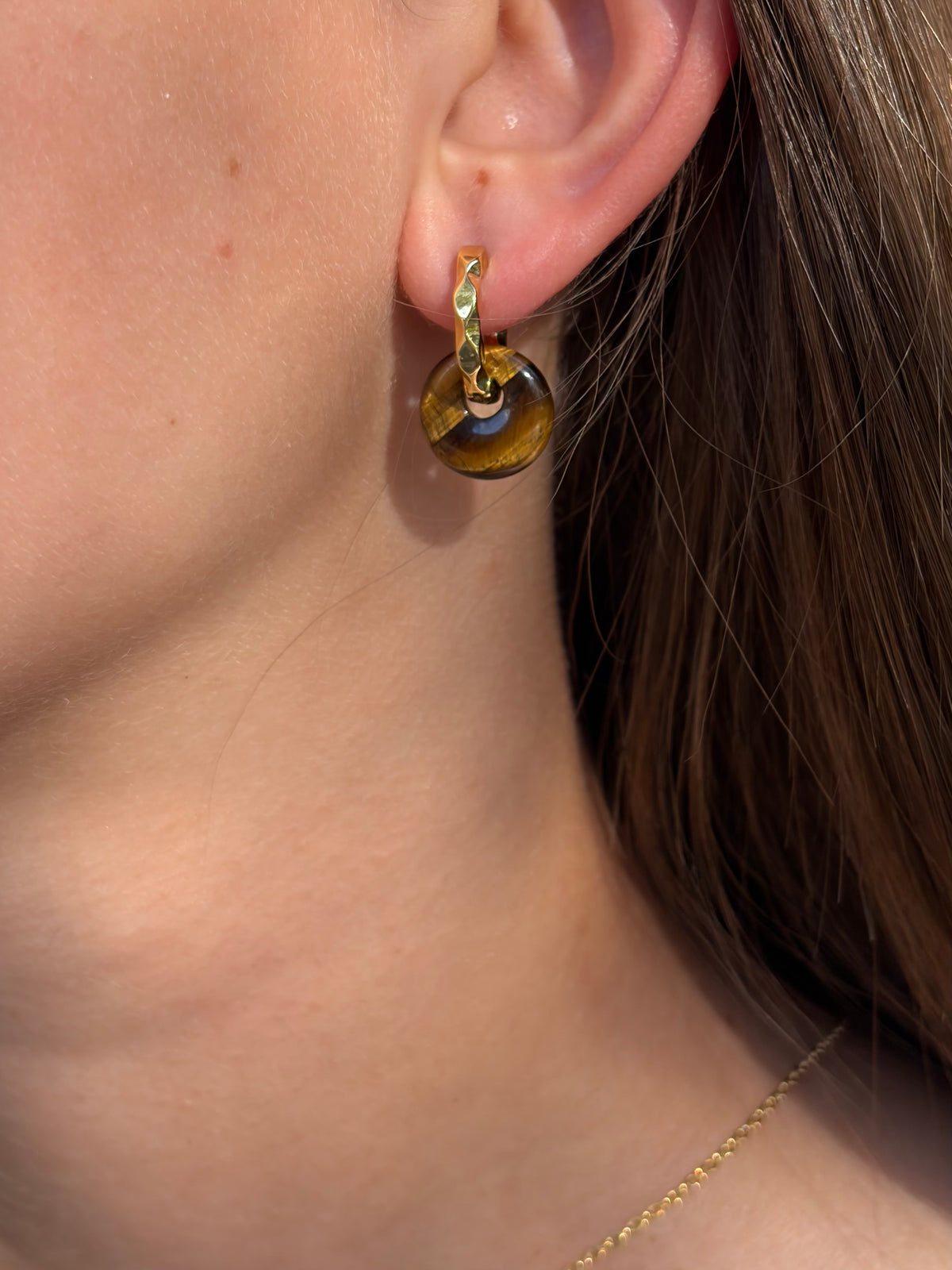 Tiger eye donut Earrings and Necklace,18K Gold Plated