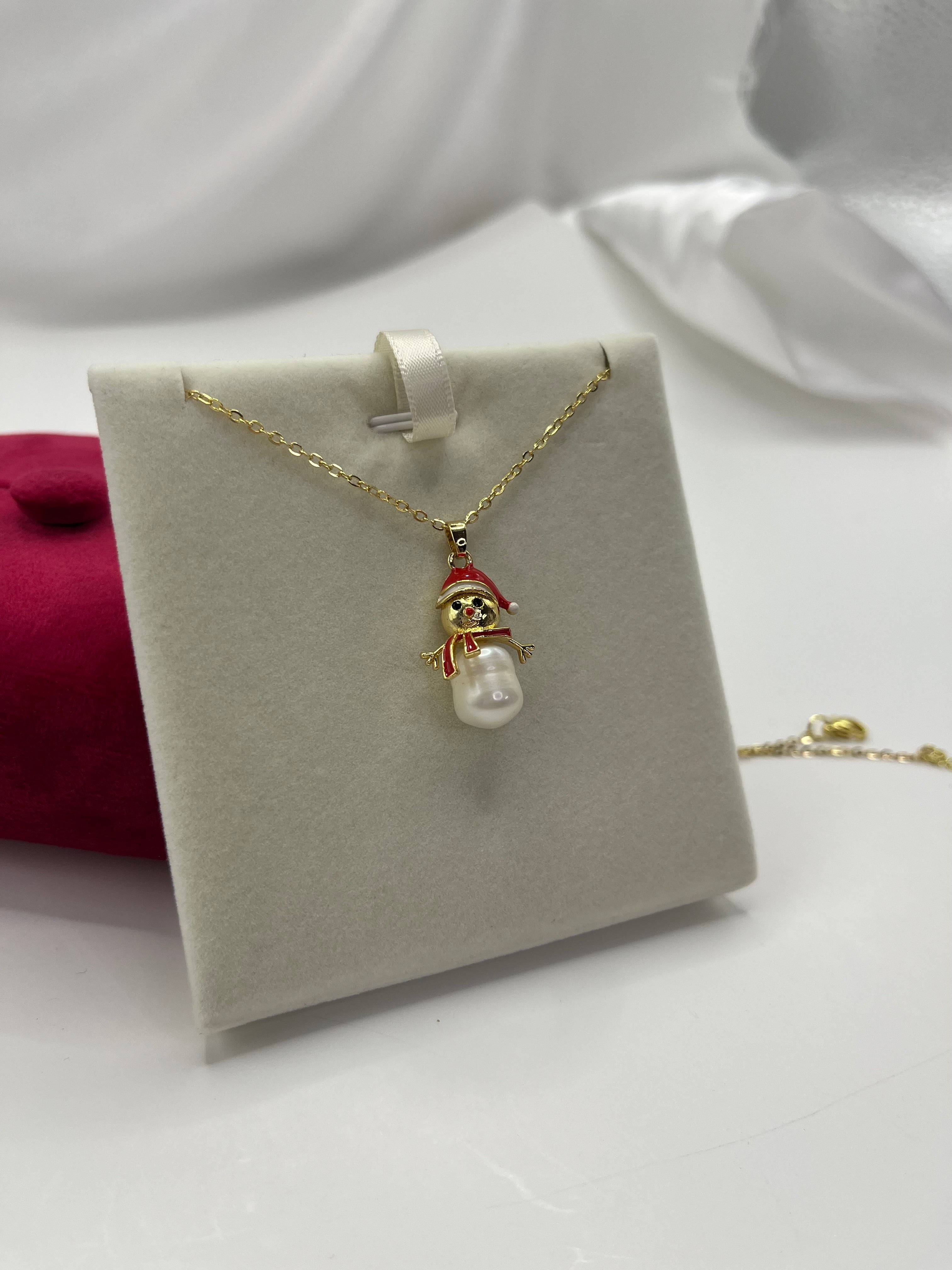 Natural freshwater Pearl Snowman Necklace: 18K Gold Plated Christmas Pendant
, including velvet box