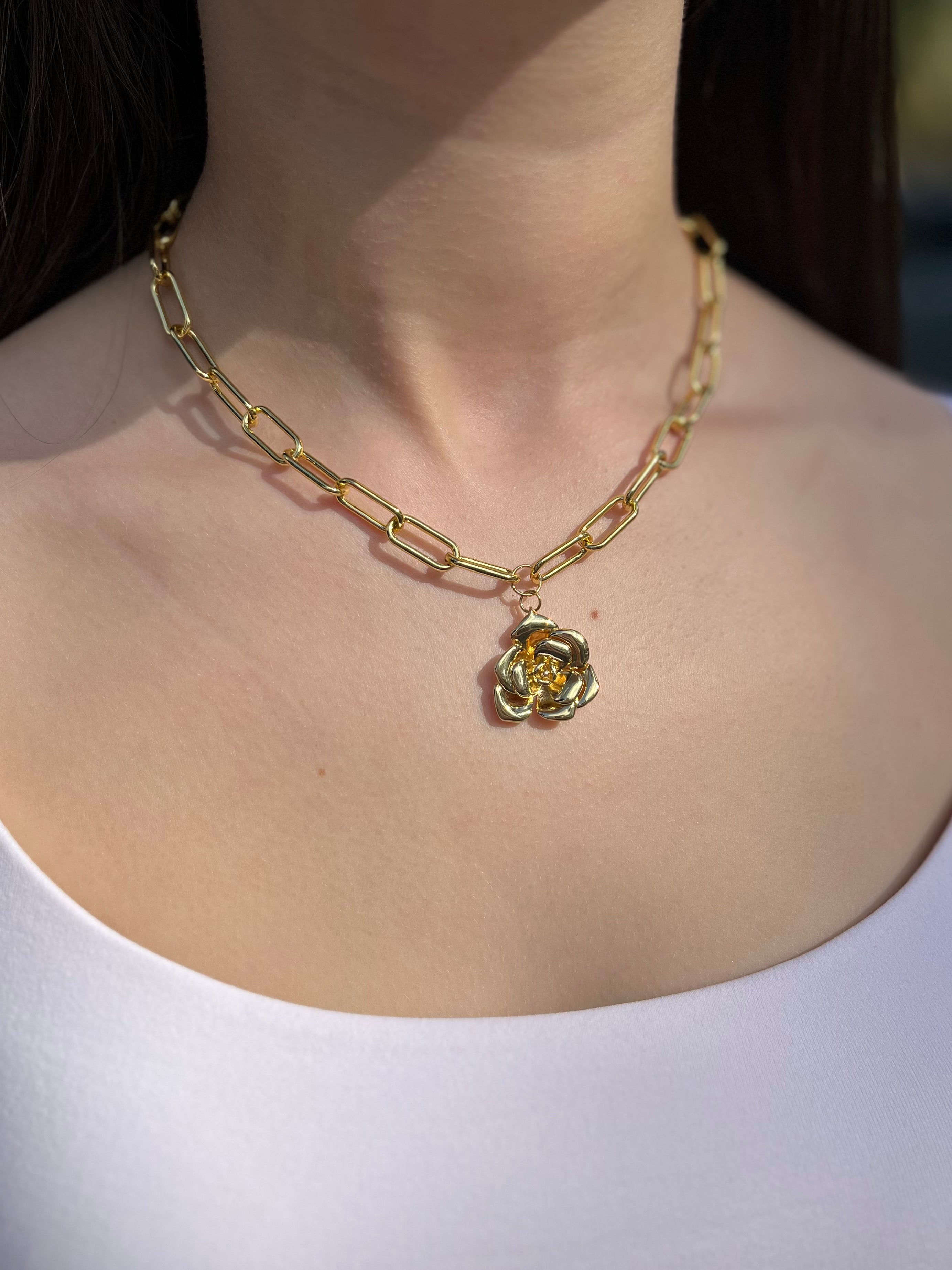 18K Gold Chunky Chain Necklace with rose