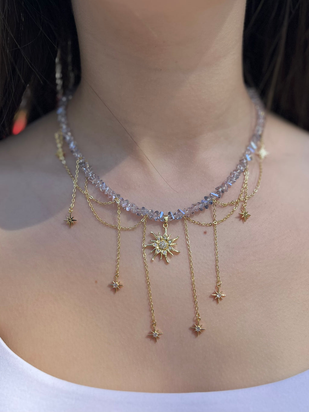 Handmade Crystal Sun & Star Necklace, 18K Gold Plated