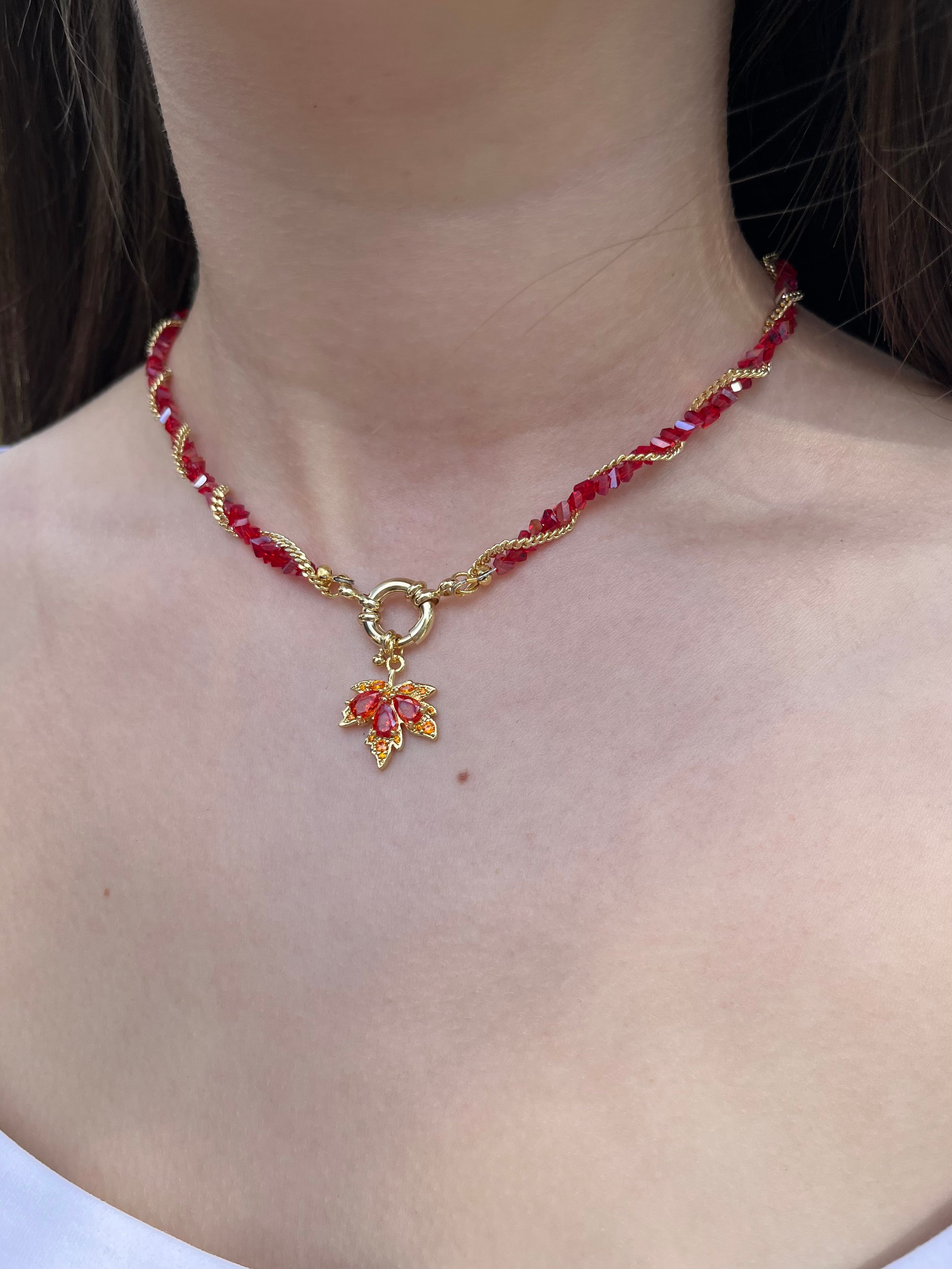 Crystal Red Necklace: 18K Gold Pendant Maple Leaf
