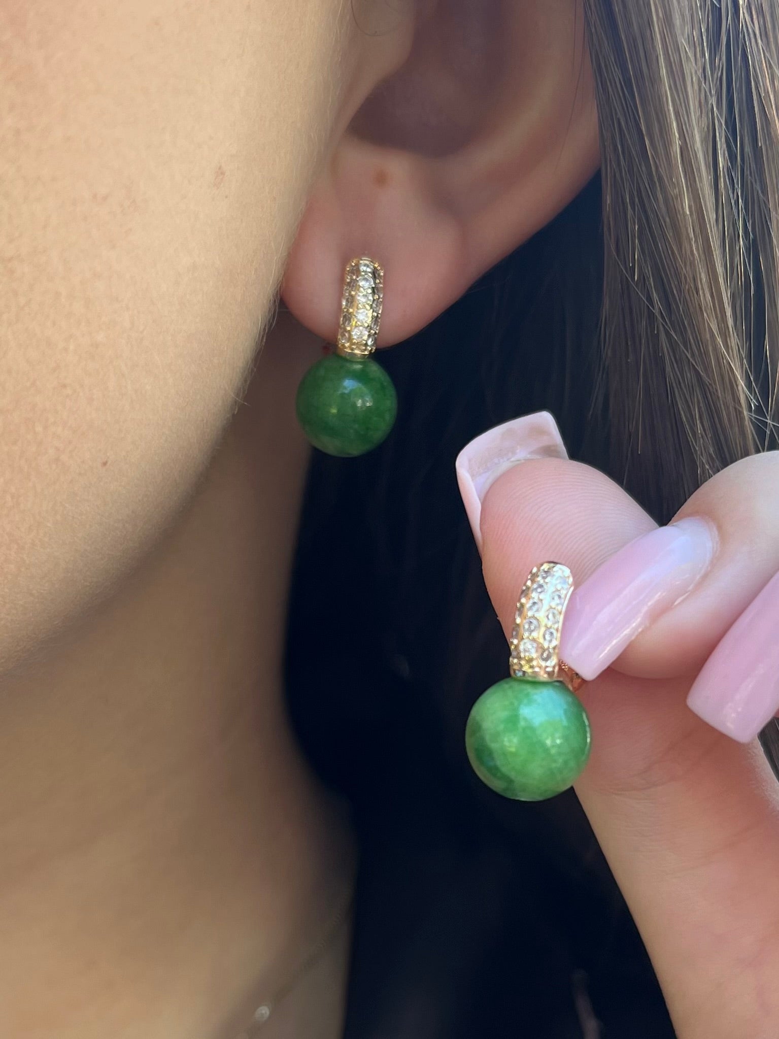 Natural Green Jade Gold Zirconia Earrings