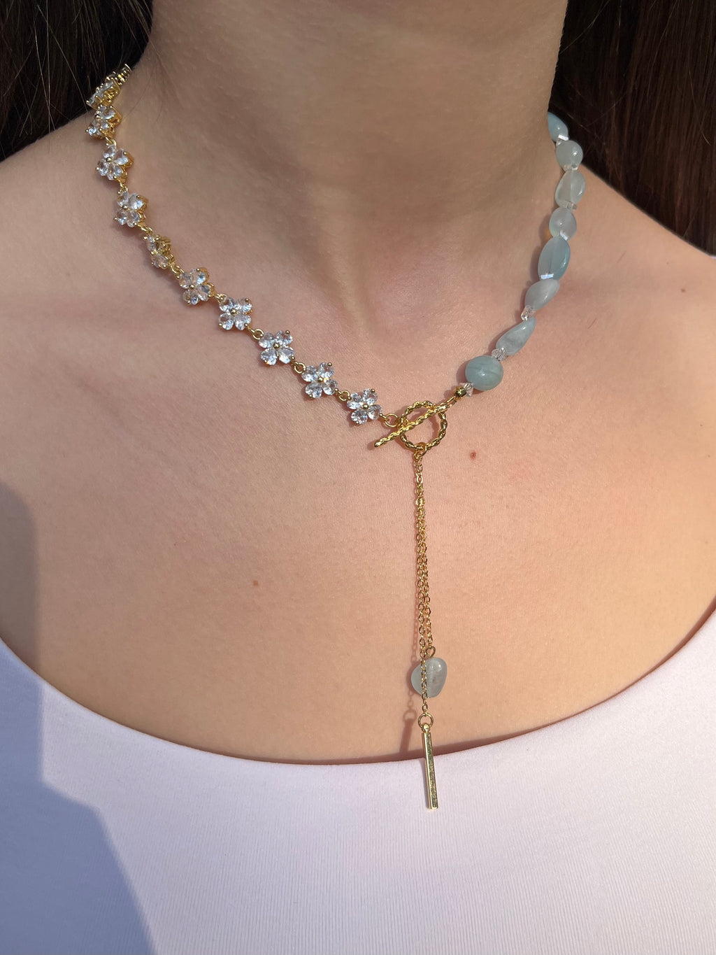 Asymmetrical Aquamarine Y-Necklace, zirconia chain, Bar pendant