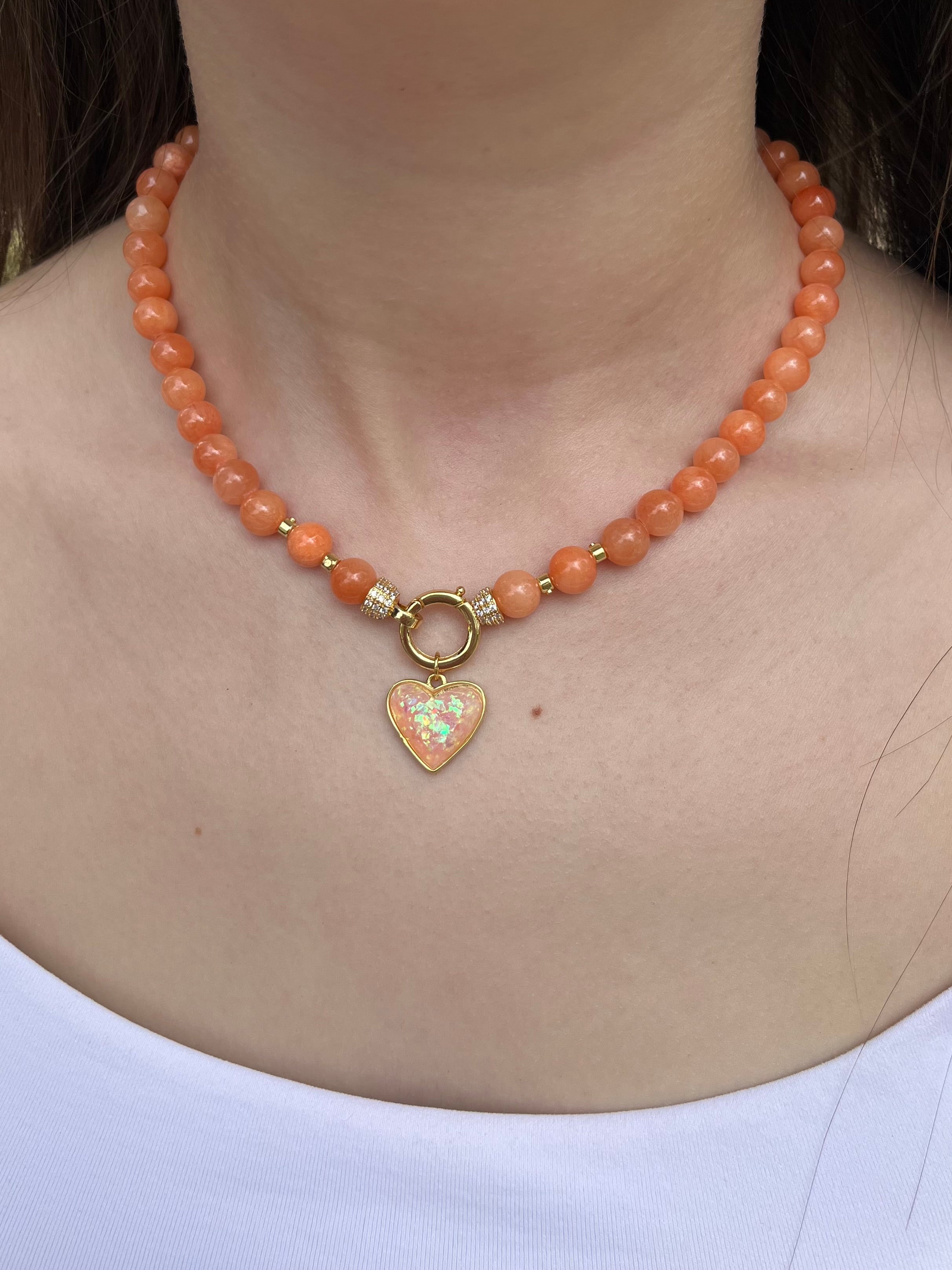 Natural Coral Jade Necklace with Heart Pendant