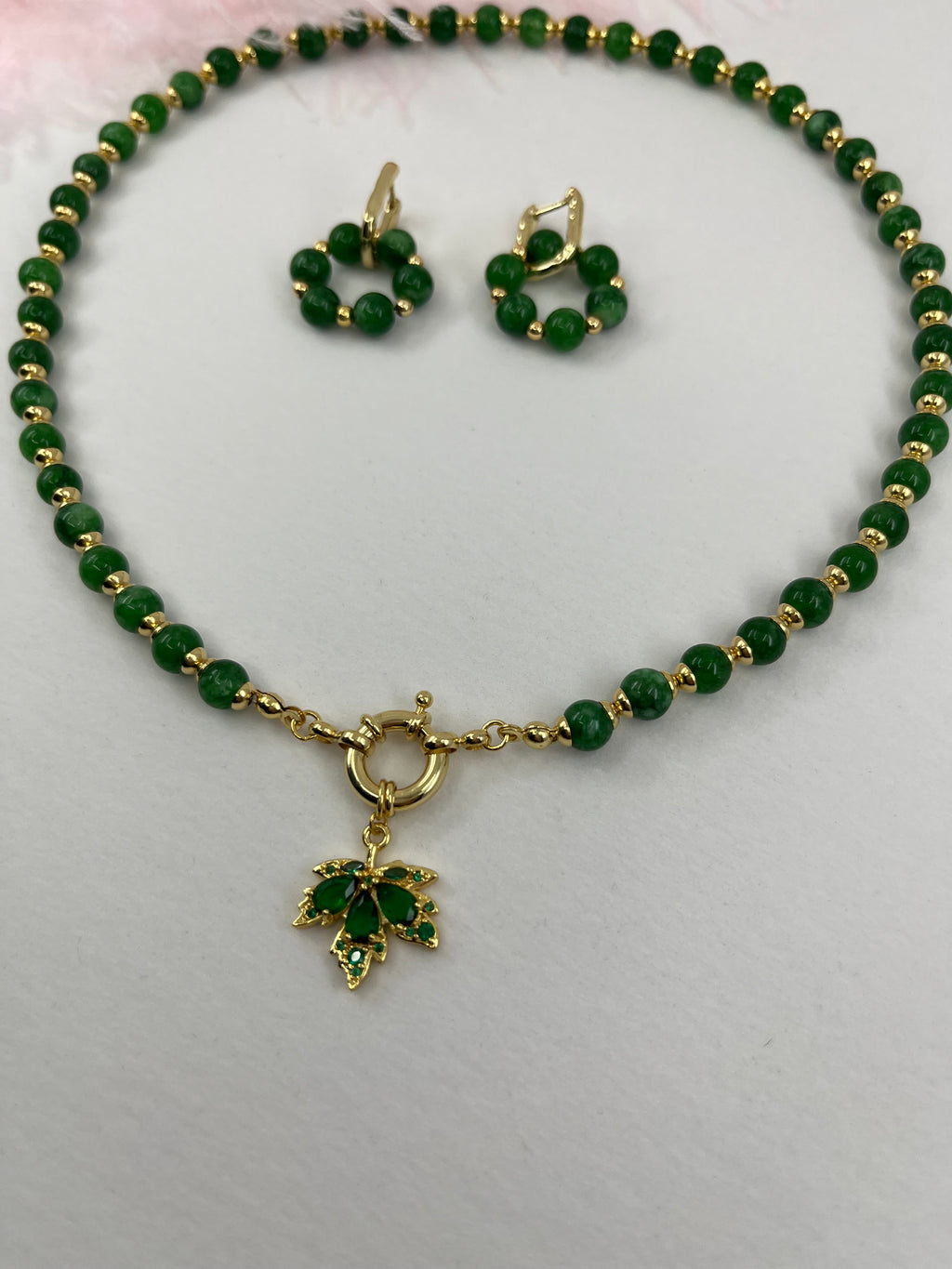 Natural Malaysia Jade Necklace with 18K Gold maple leaf pendant
