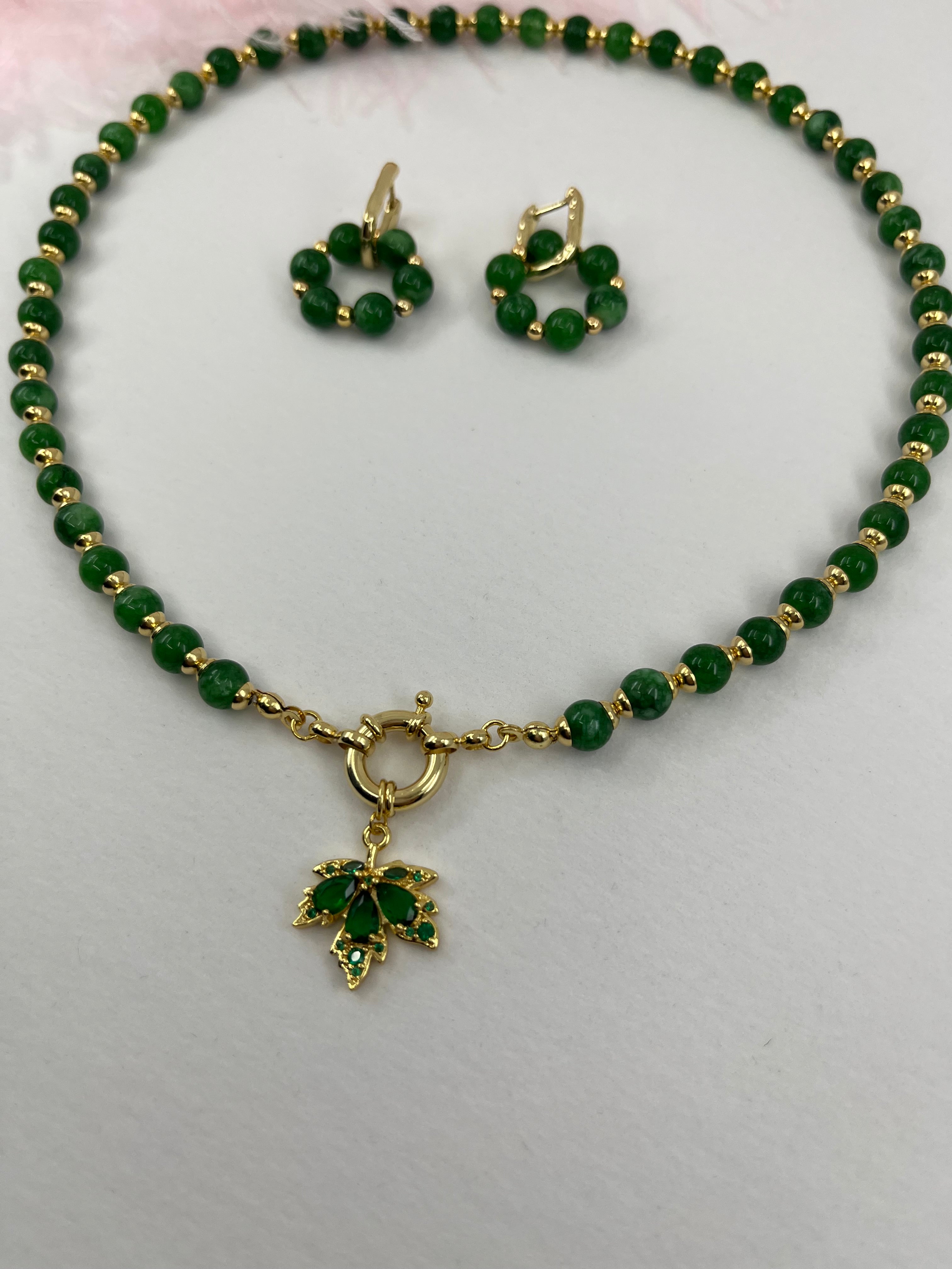 Natural Malaysia Jade Necklace with 18K Gold maple leaf pendant