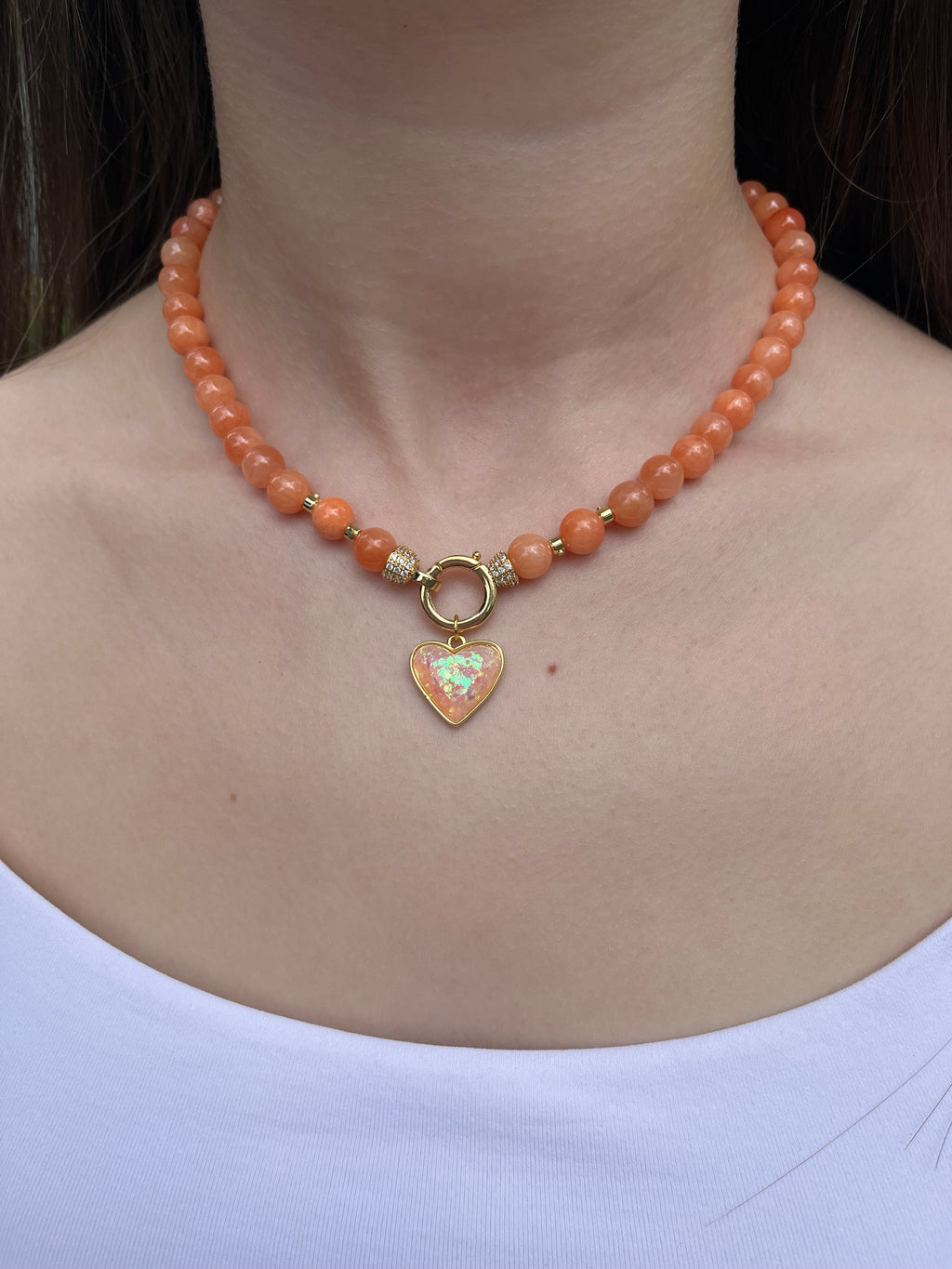Natural Coral Jade Necklace with Heart Pendant