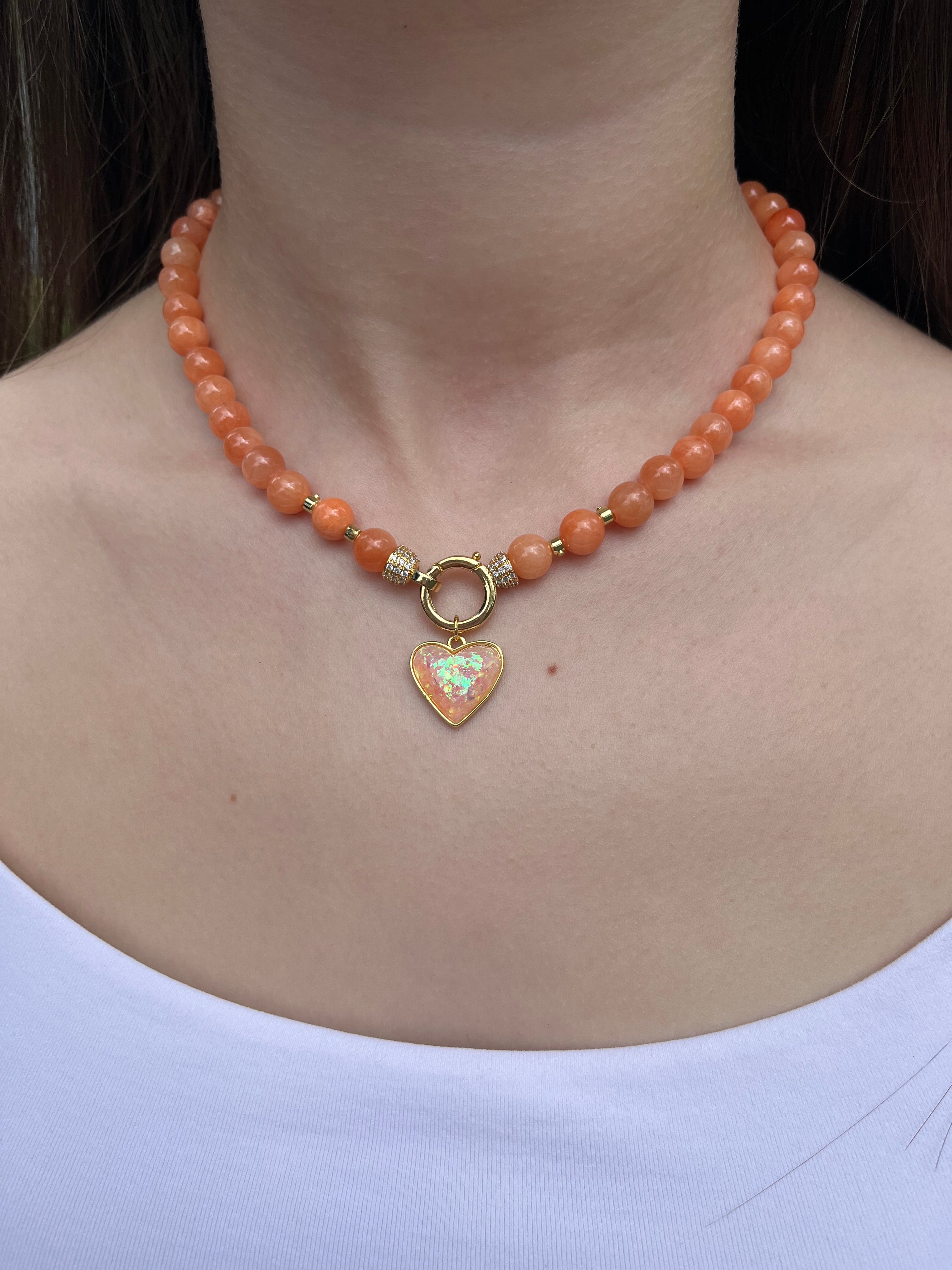 Natural Coral Jade Necklace with Heart Pendant