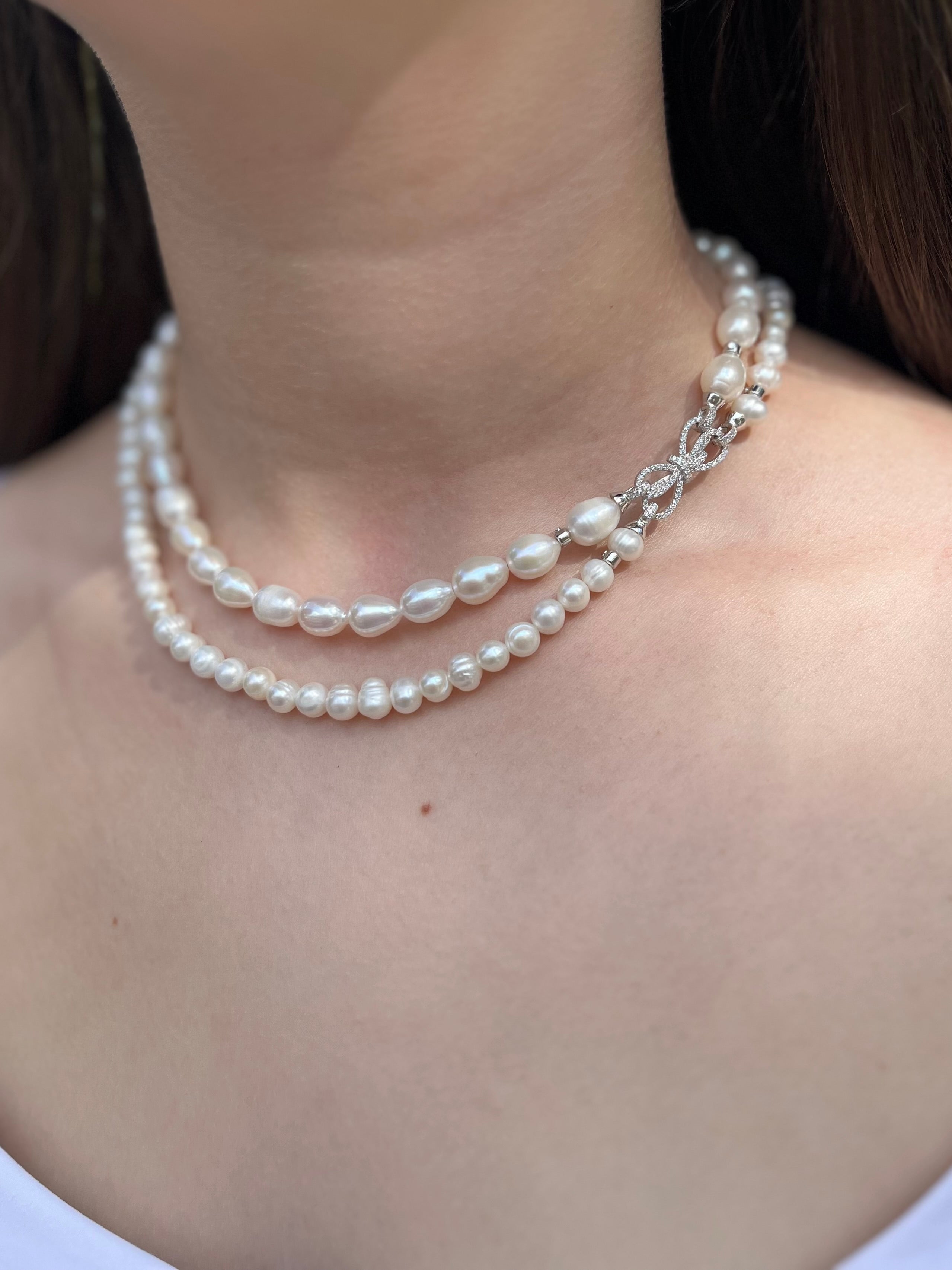 Layered Natural Pearl Necklace with 925 Sterling Silver Bowknot Clasp, Gift Box