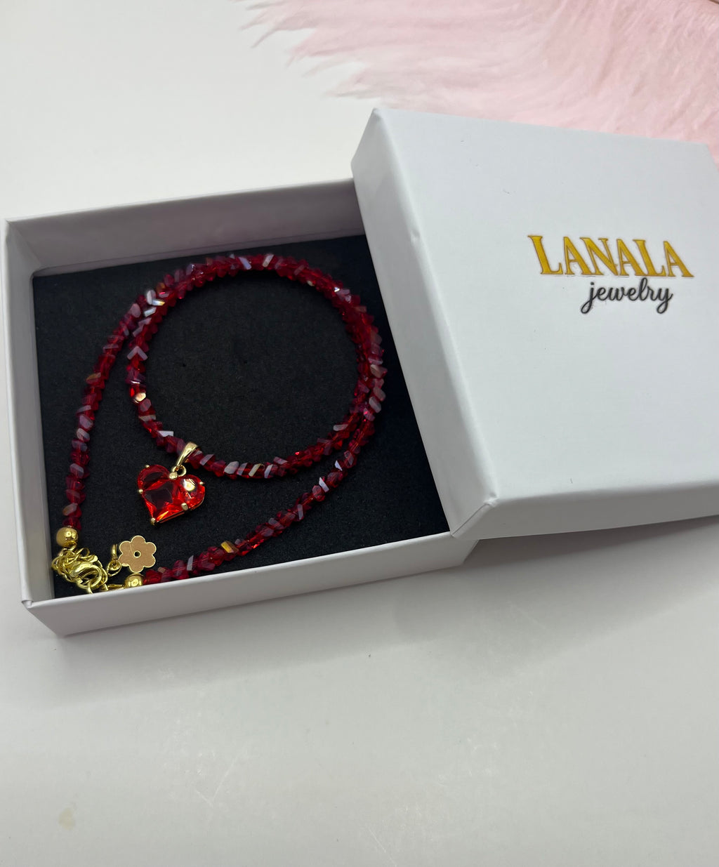 Crystal Red Glass Bead Choker: 18K Gold Heart Pendant