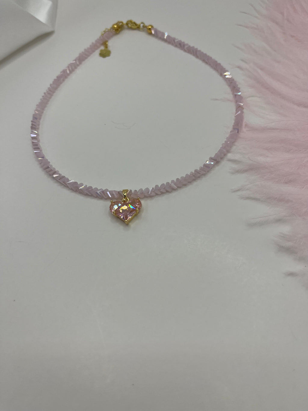 Crystal Pink Glass Bead Choker: 18K Gold Heart Pendant