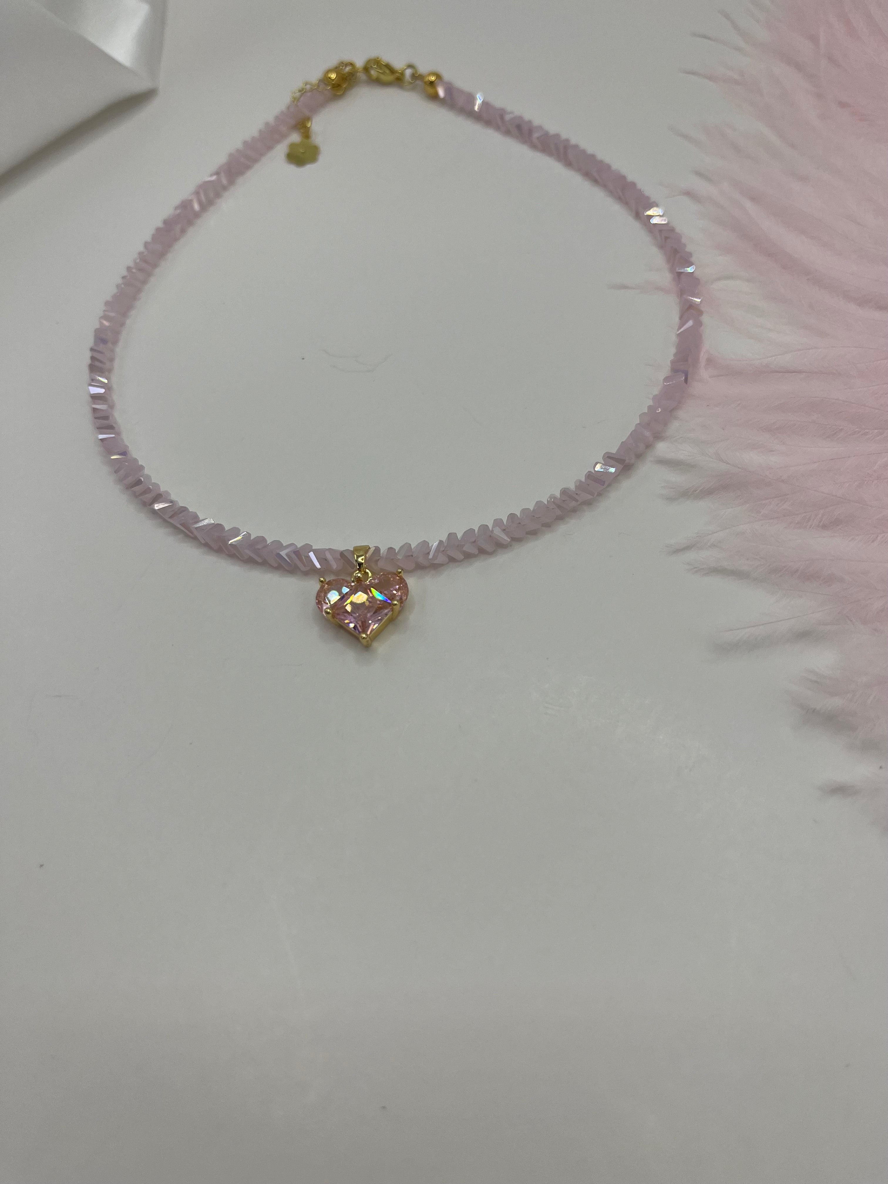 Crystal Pink Glass Bead Choker: 18K Gold Heart Pendant