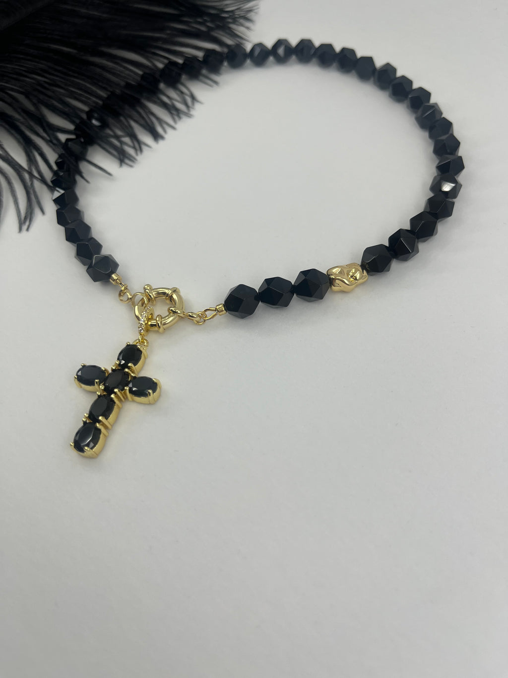 Natural Black Onyx Necklace with Gold Zirconia Cross