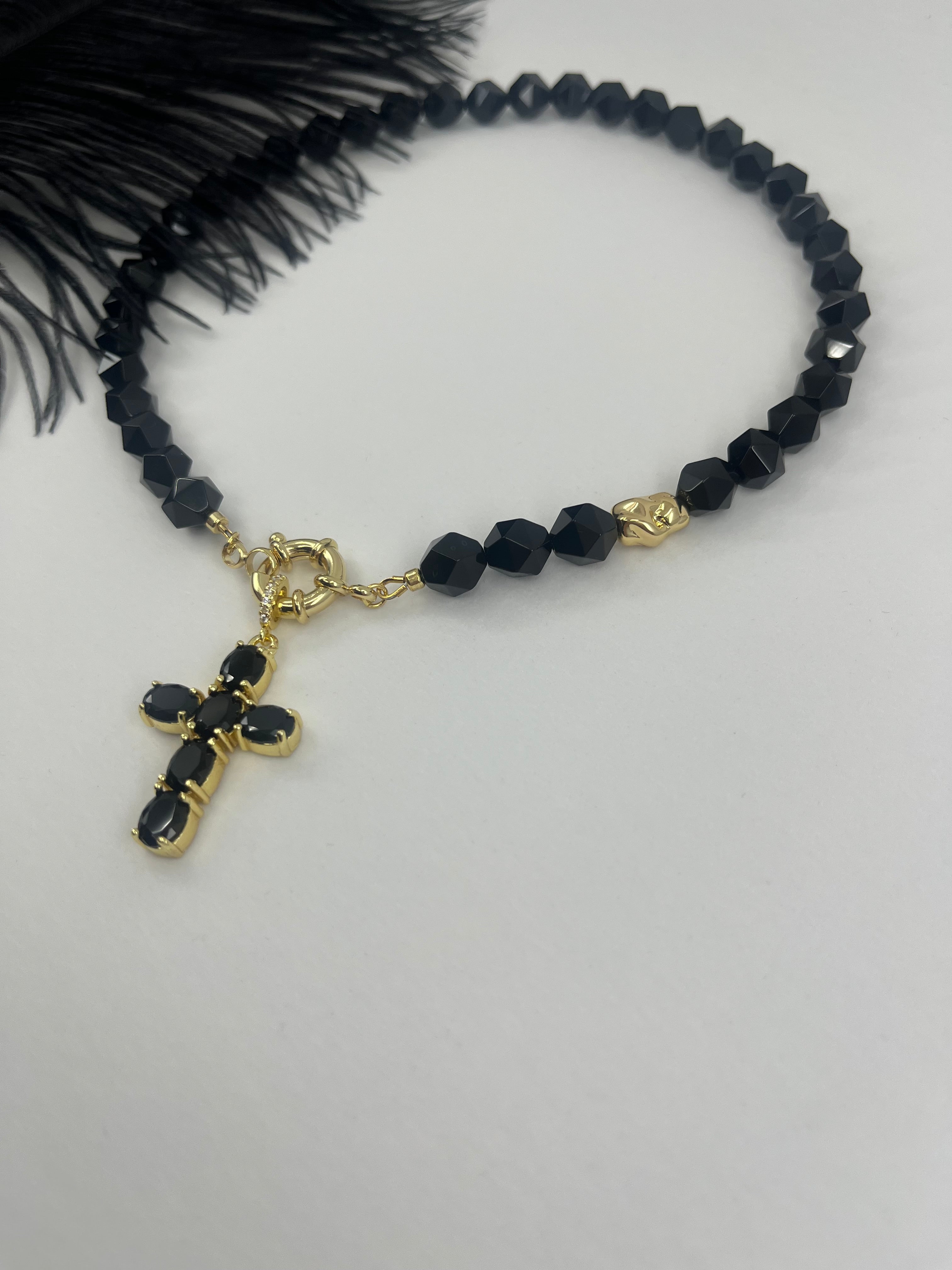 Natural Black Onyx Necklace with Gold Zirconia Cross