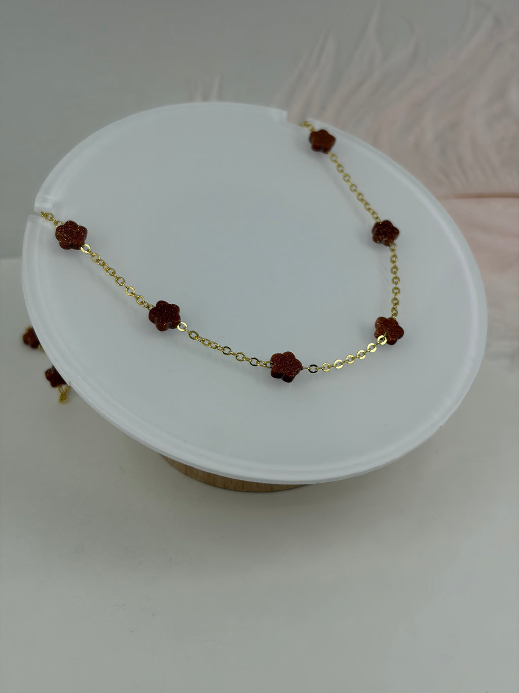 Red Sandstone Flower Necklace: 18K Gold Plated