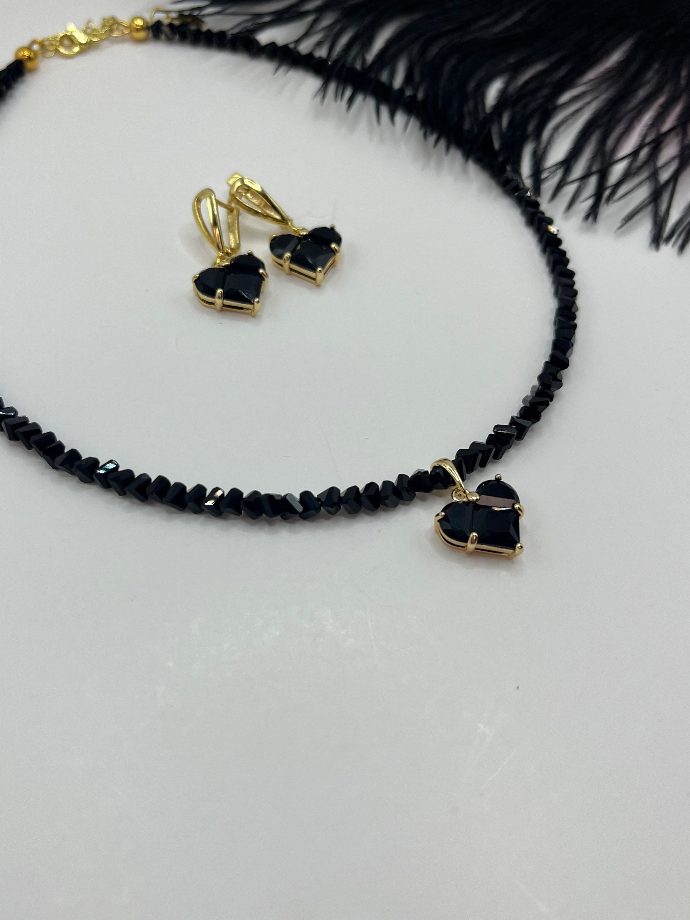 Set: Heart Black Crystal Choker Necklace and Earrings – 18K Gold Plated, Cubic Zirconia, Nickel Free