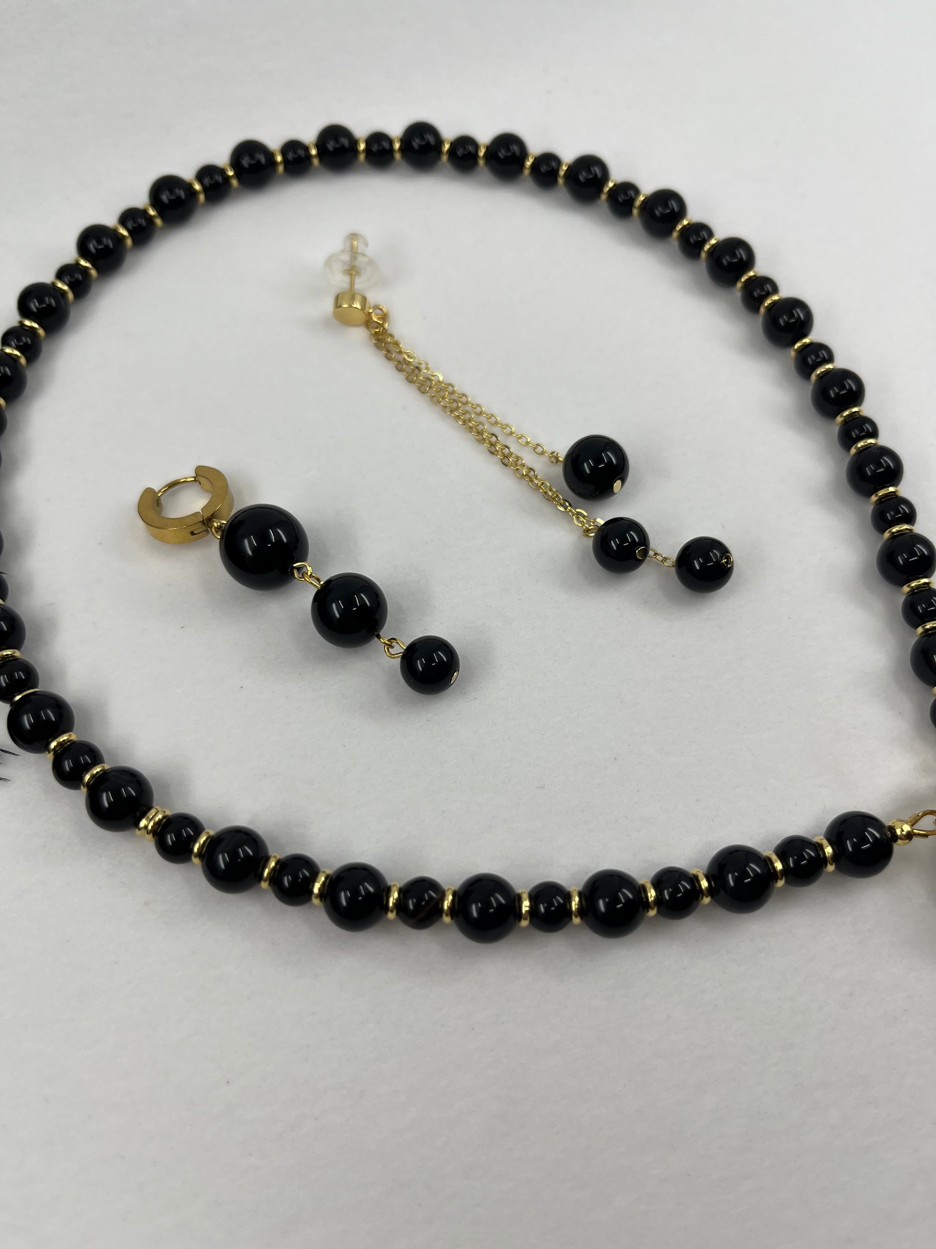 Set: Black Onyx Necklace and Earrings:18K Gold Plated