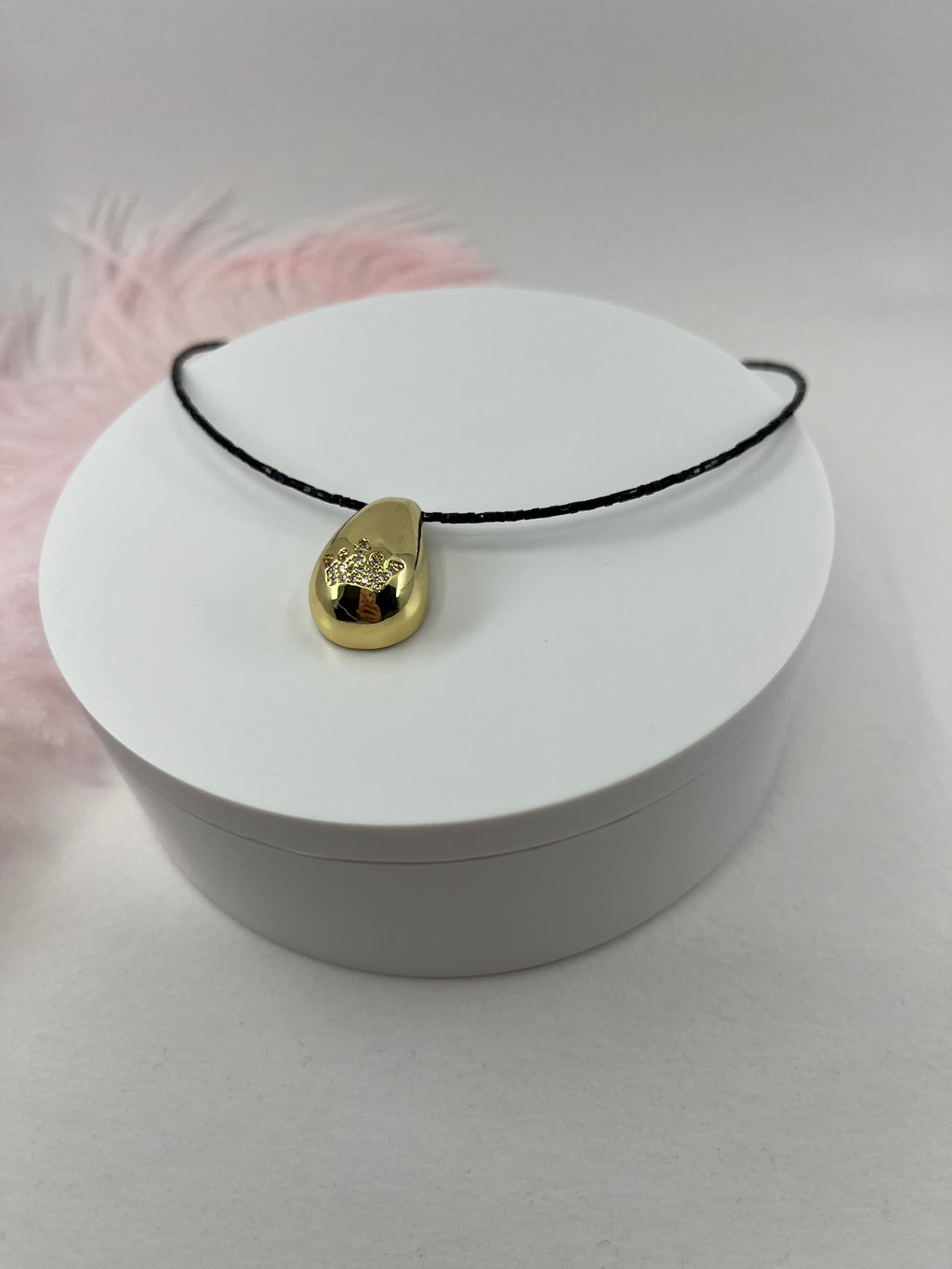 Black beaded choker with gold teardrop crown pendants: 18K Gold Plated