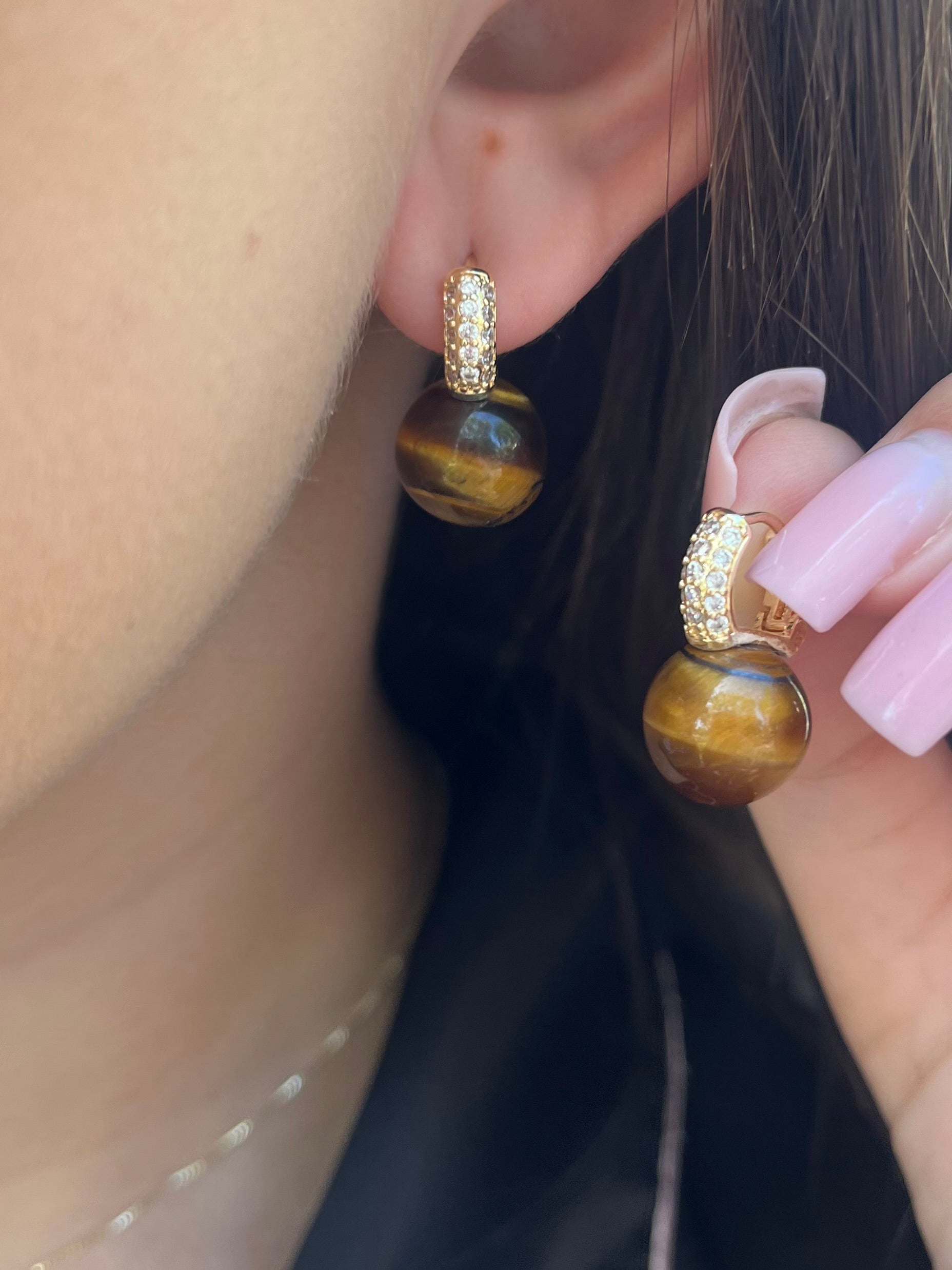 Natural Tiger eye Gold Zirconia Earrings