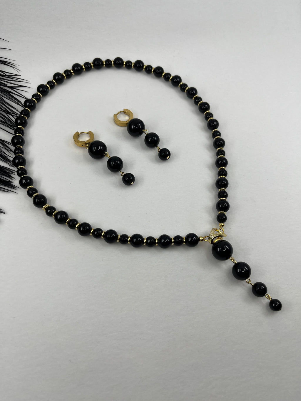 Set: Black Onyx Necklace and Earrings:18K Gold Plated