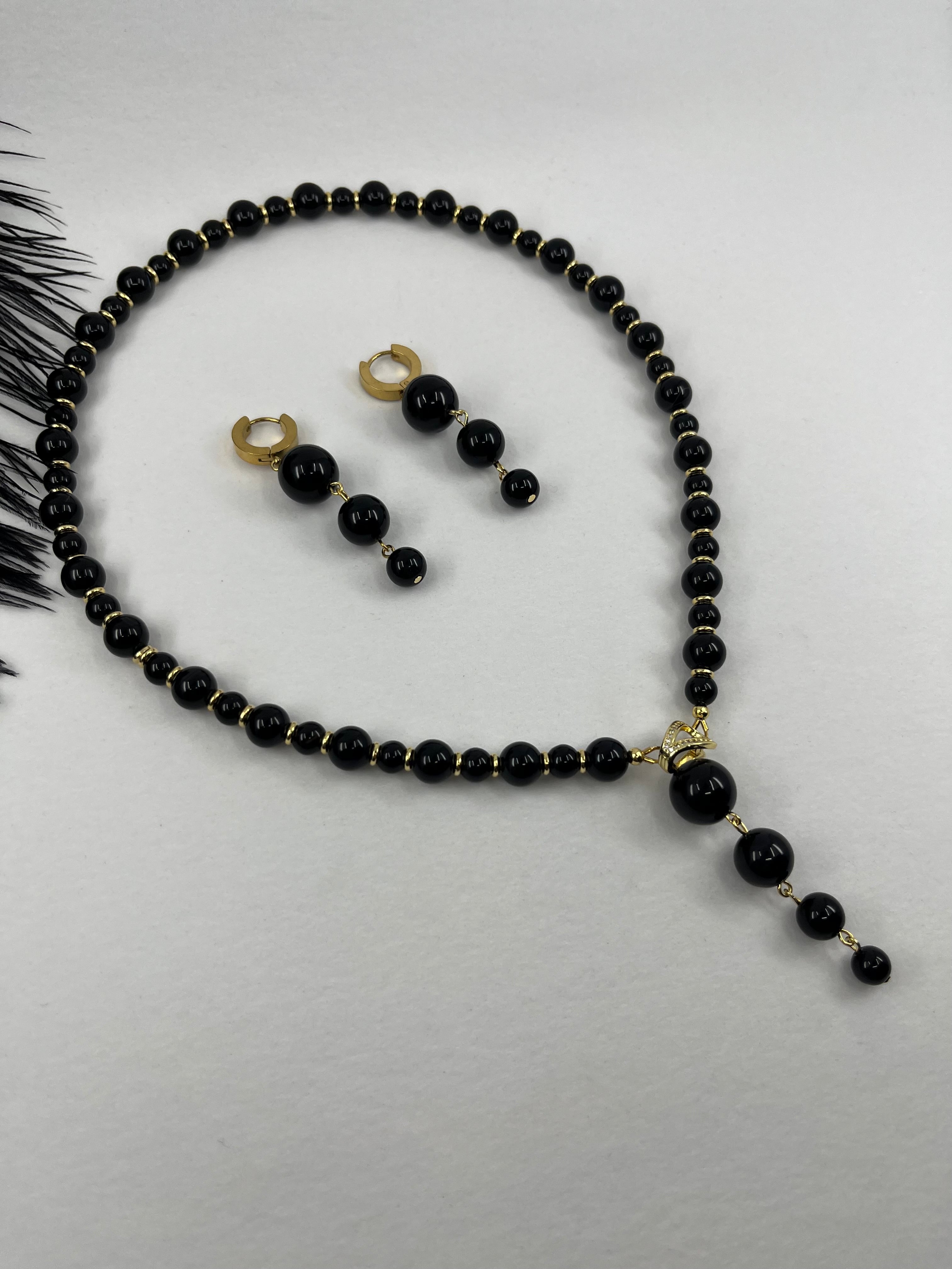 Set: Black Onyx Necklace and Earrings:18K Gold Plated
