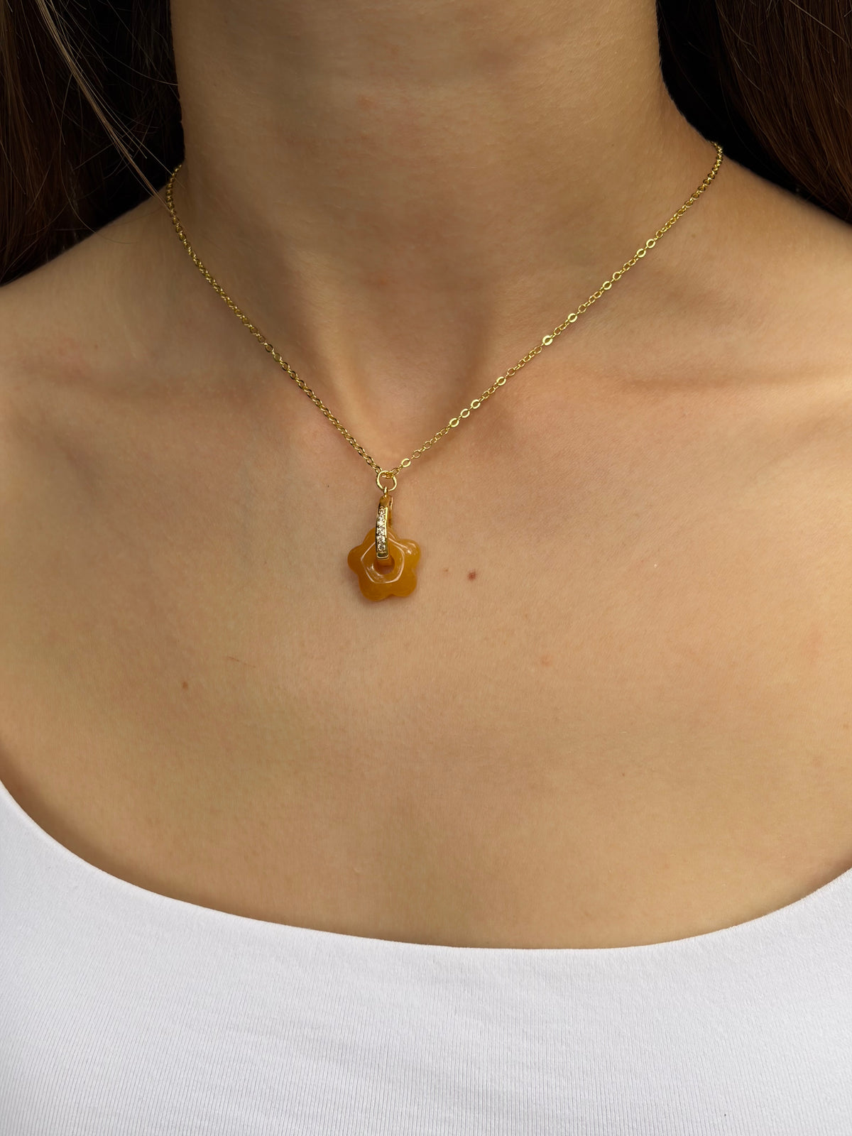 Yellow Jade flower Earrings and Necklace, 18K Gold Plated