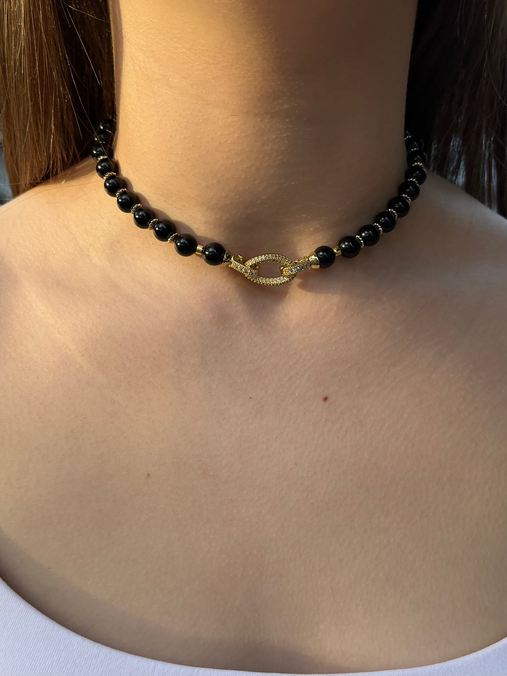Black Onyx Choker – 18K Gold Plated Zirconia Clasp