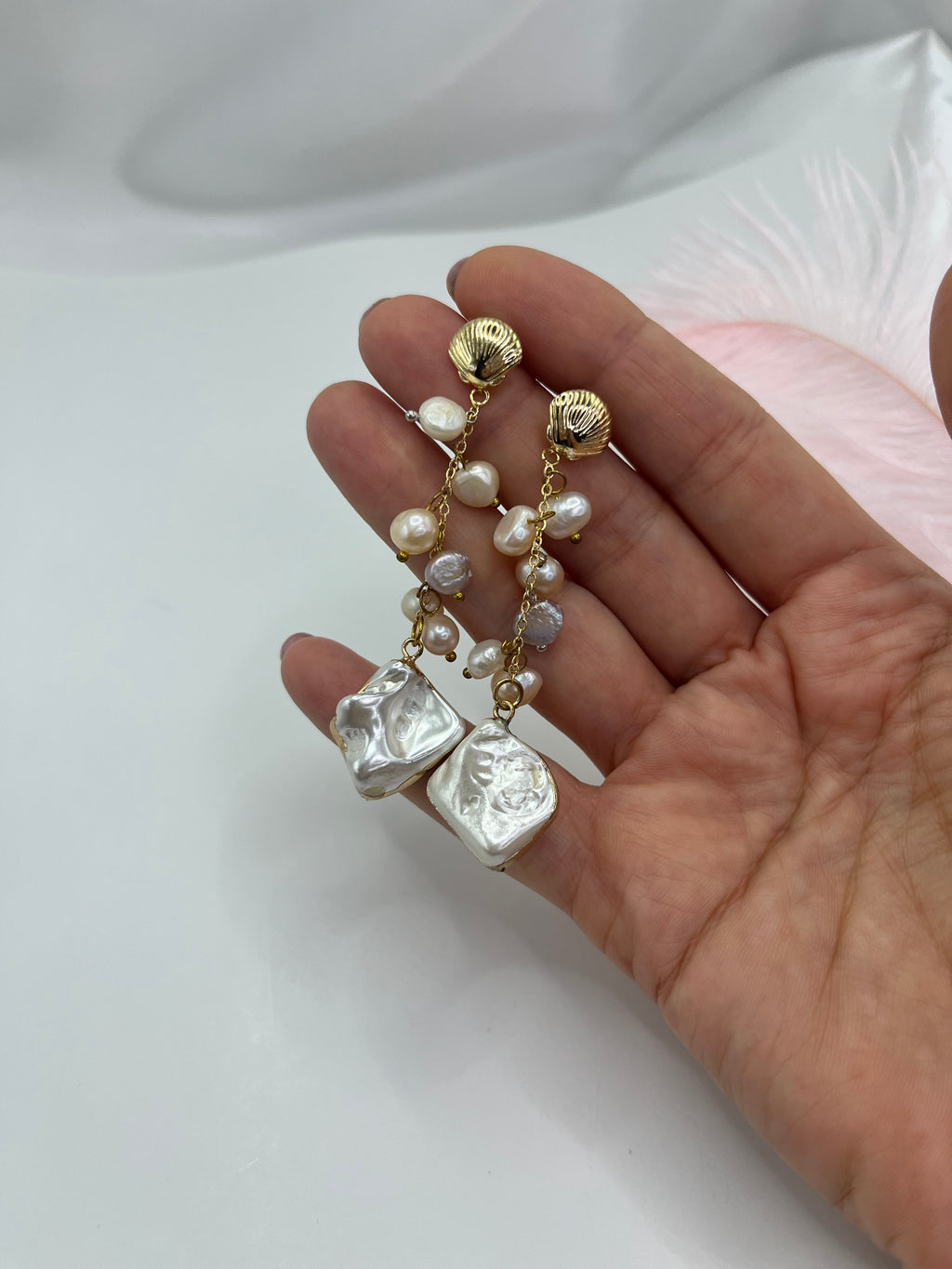 Long Natural Pearl Drop Earrings with baroque shell pendant