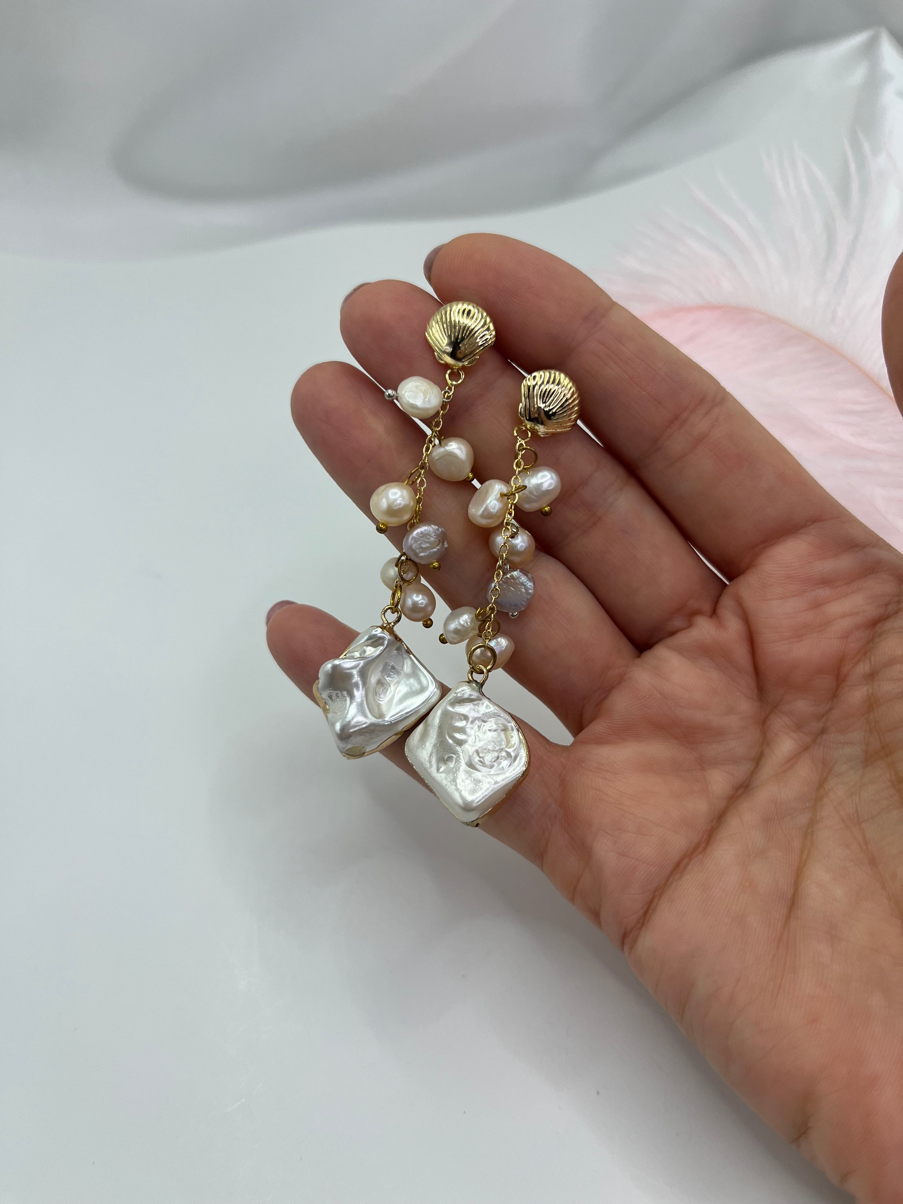 Long Natural Pearl Drop Earrings with baroque shell pendant