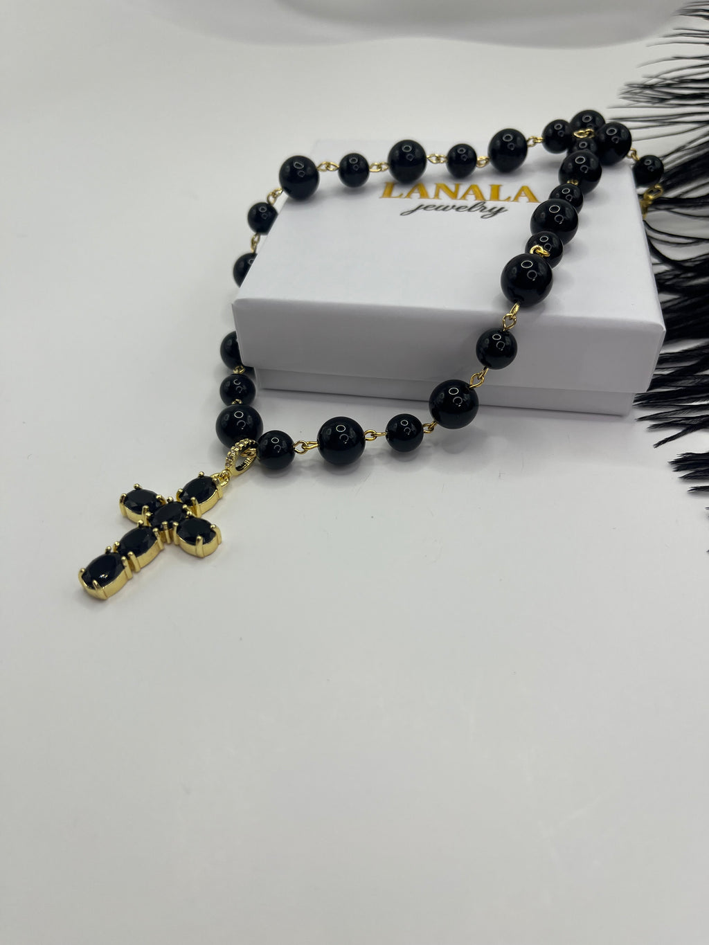 Black Onyx Necklace– 18K Gold Plated Zirconia Cross