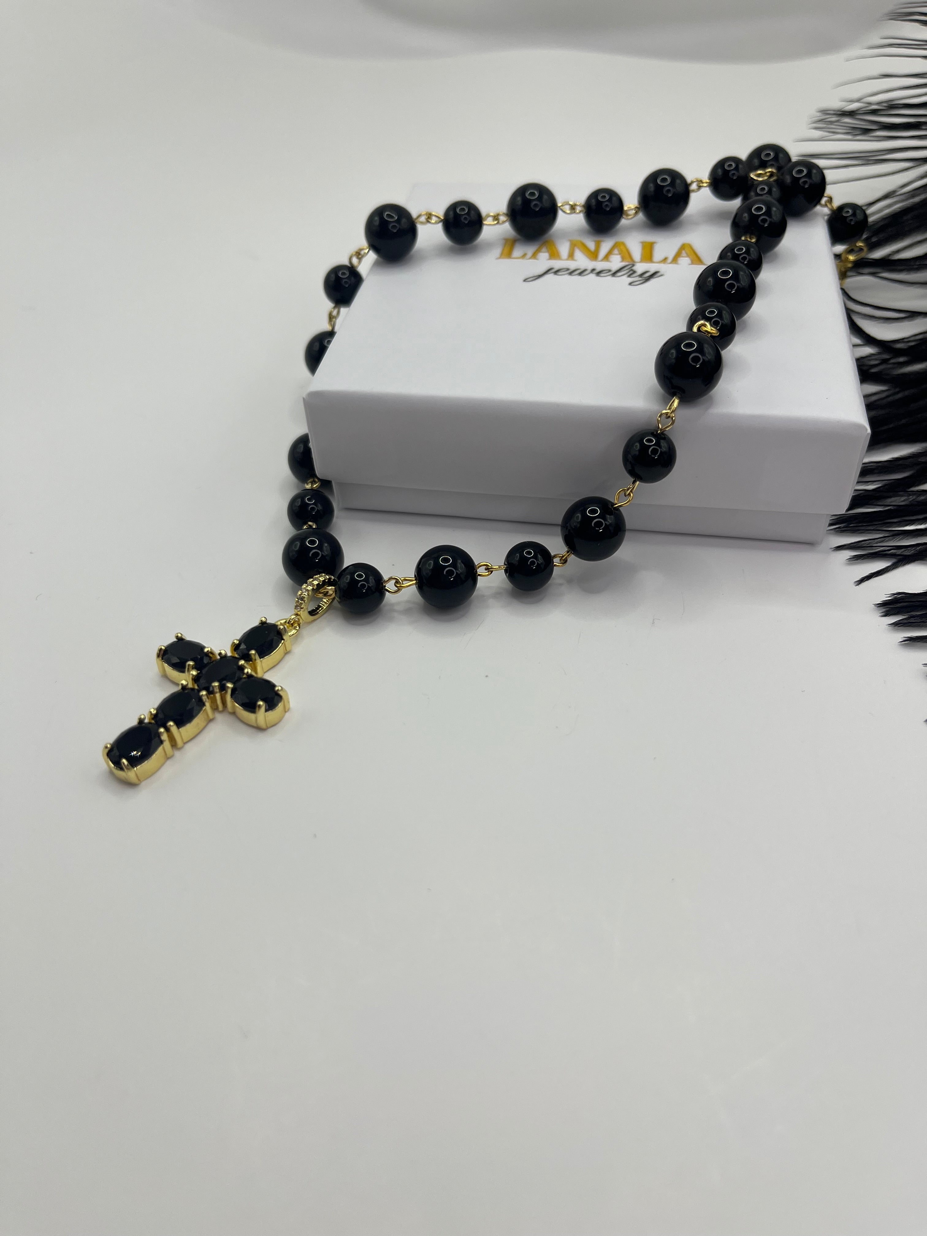 Black Onyx Necklace– 18K Gold Plated Zirconia Cross