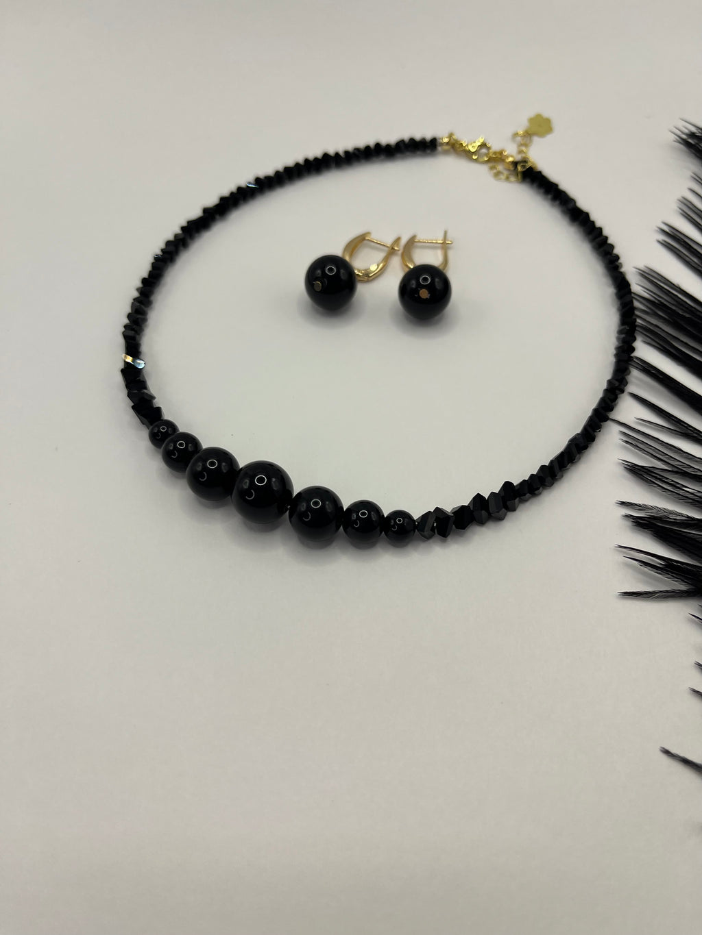 Set: Black Crystal Choker Necklace with onyx and Earrings