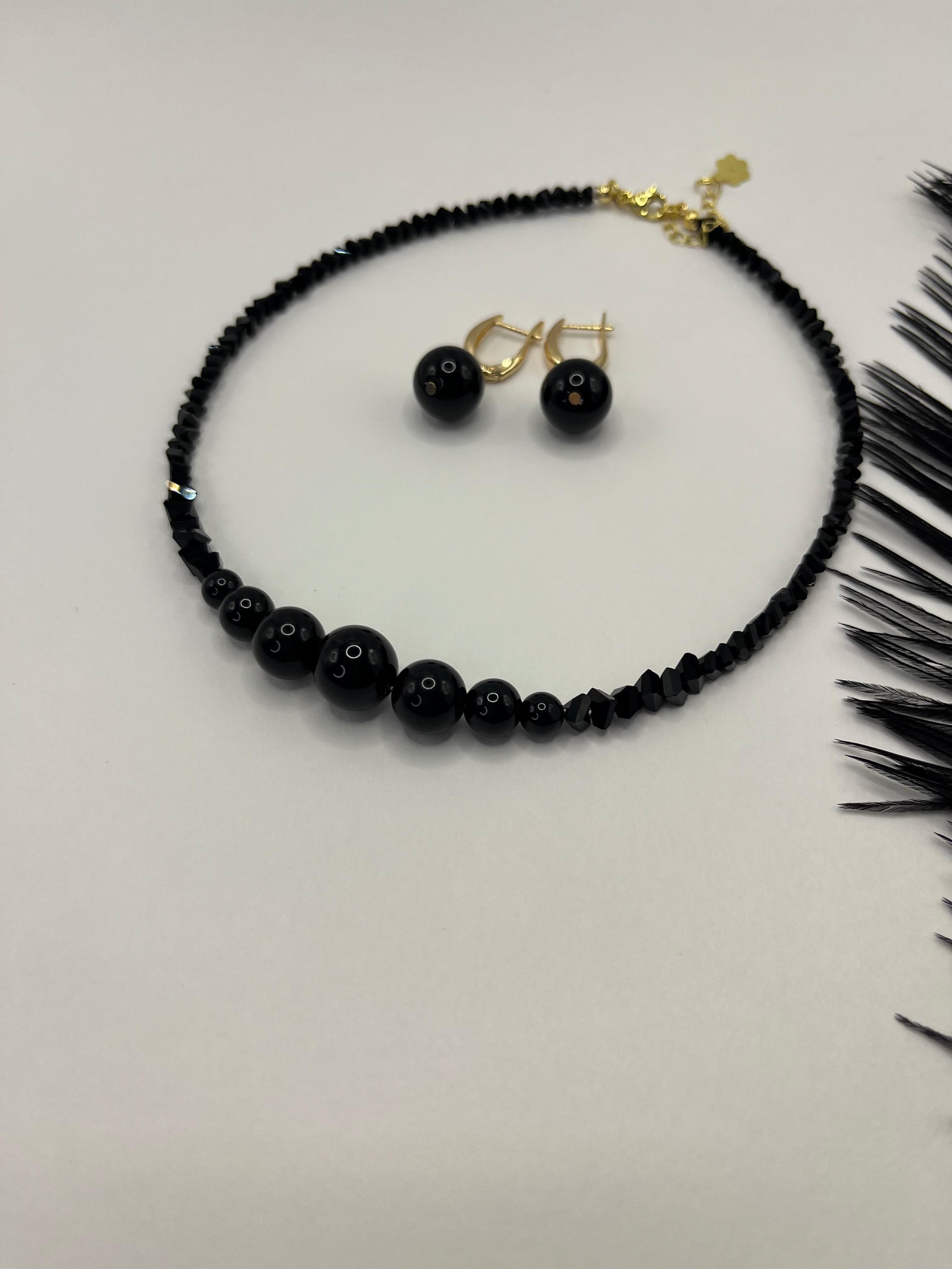 Set: Black Crystal Choker Necklace with onyx and Earrings