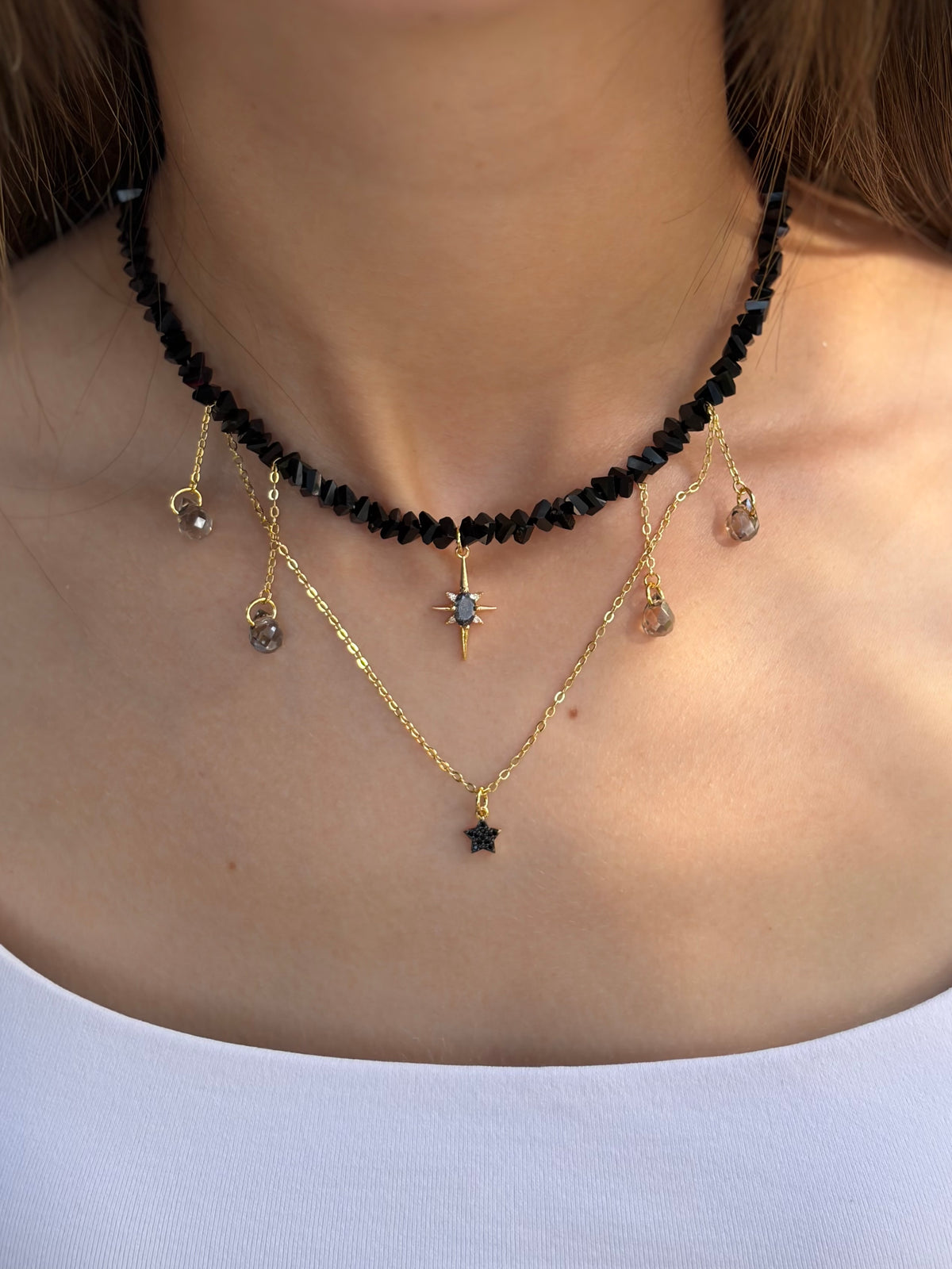 Black Crystal Star Necklace, 18K Gold Plated