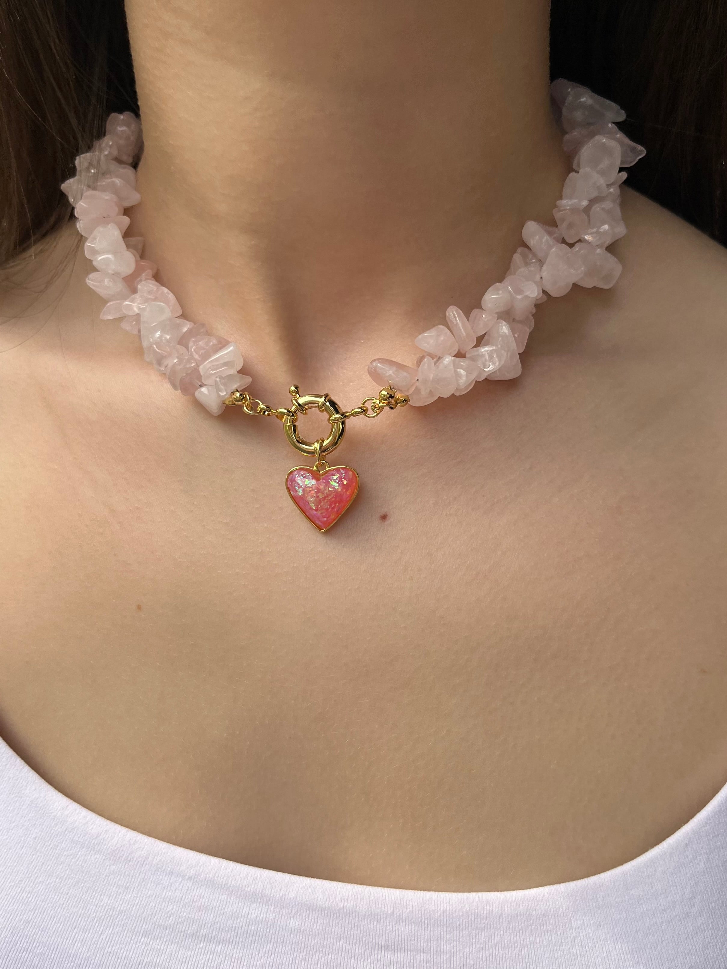 Natural Quartz Necklace with 18k gold Heart pendant