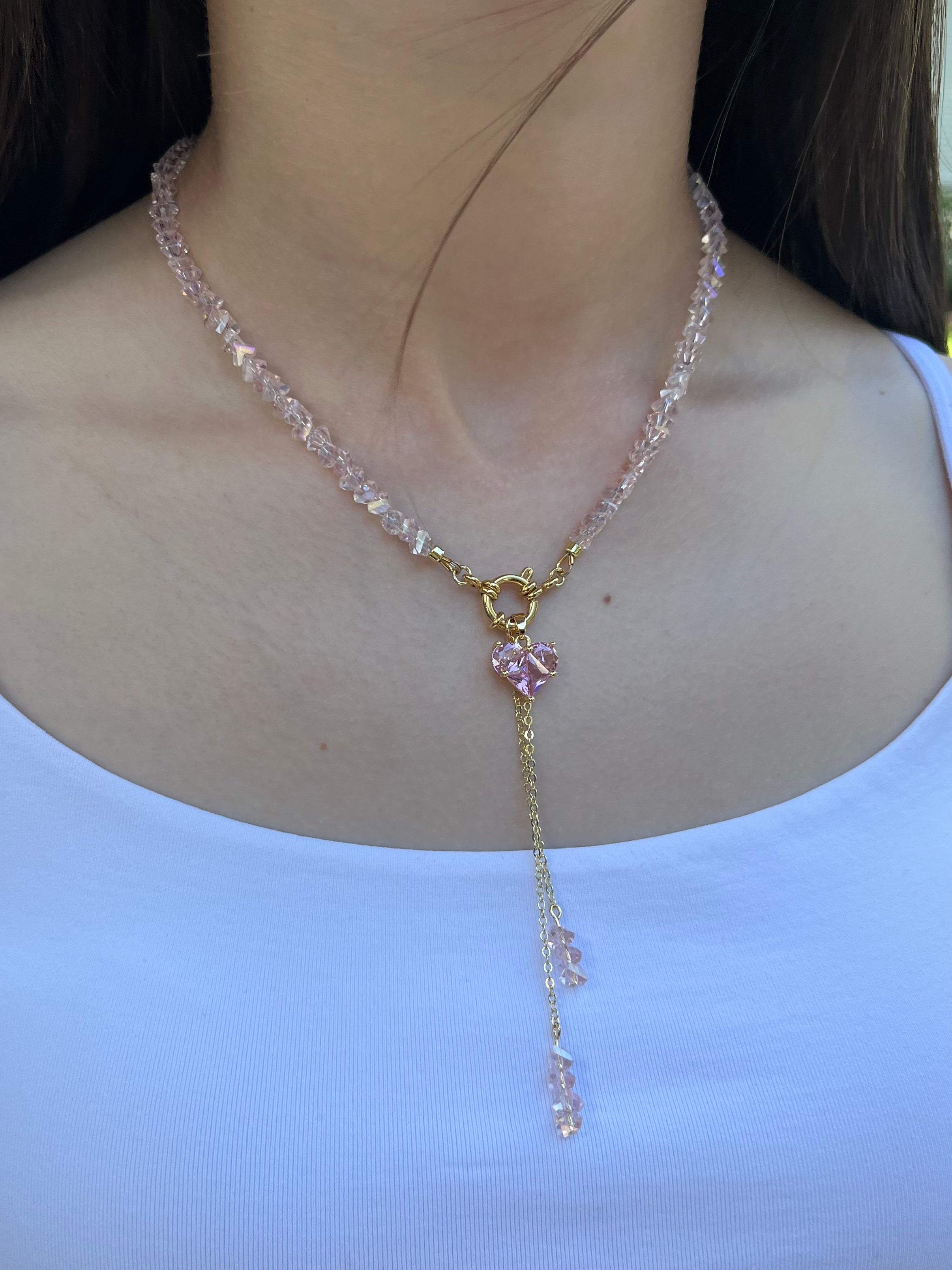 Set: Heart Pink Crystal Y-Necklace and Earrings – 18K Gold Plated, Cubic Zirconia