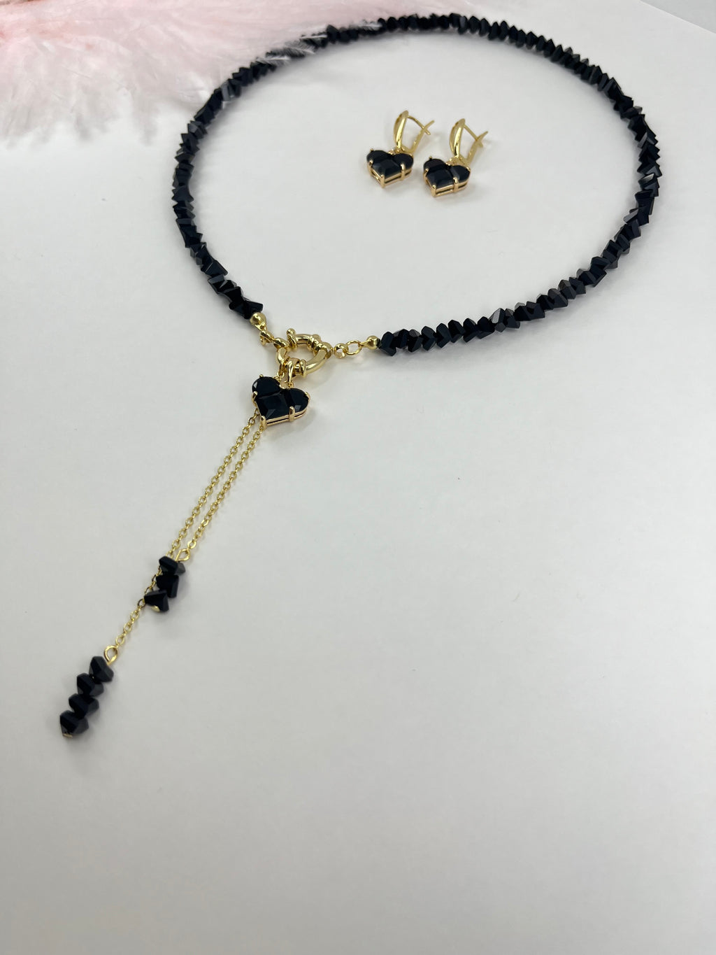 Set: Heart Black Crystal Y-Necklace and Earrings – 18K Gold Plated, Cubic Zirconia