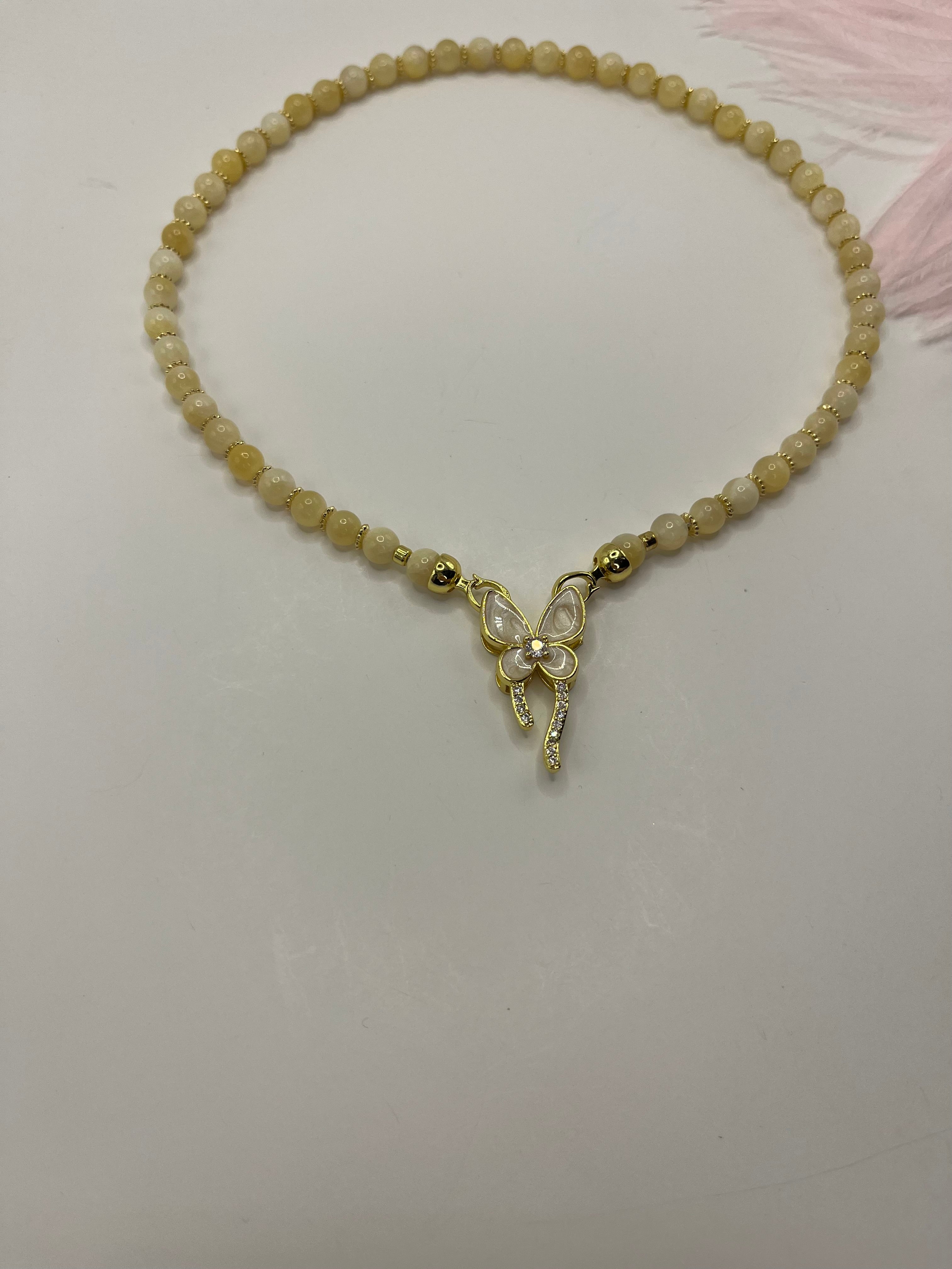 Topaz Jade Choker Necklace : 18K Gold Plated Zirconia Butterfly Clasp