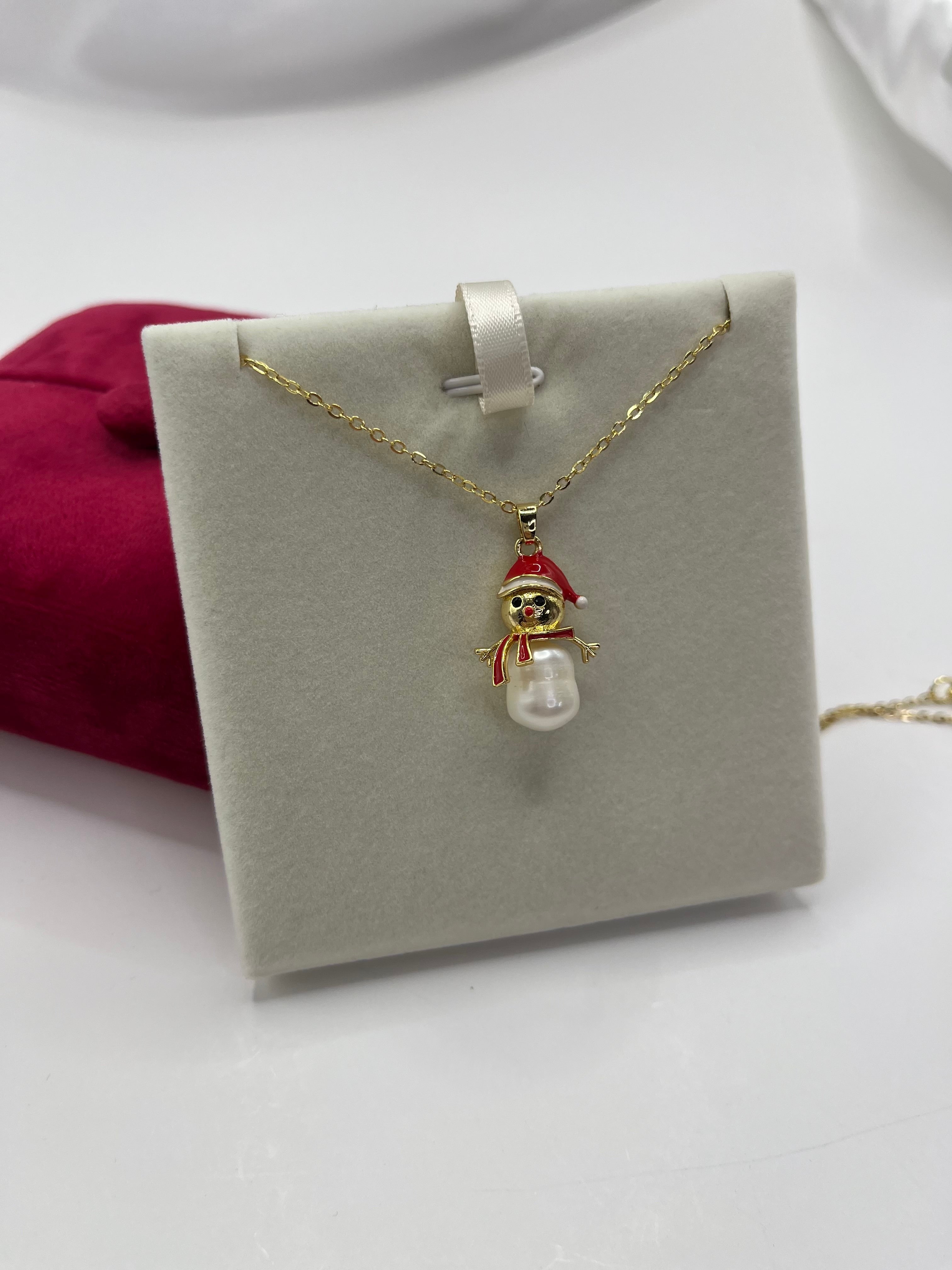 Natural freshwater Pearl Snowman Necklace: 18K Gold Plated Christmas Pendant
, including velvet box