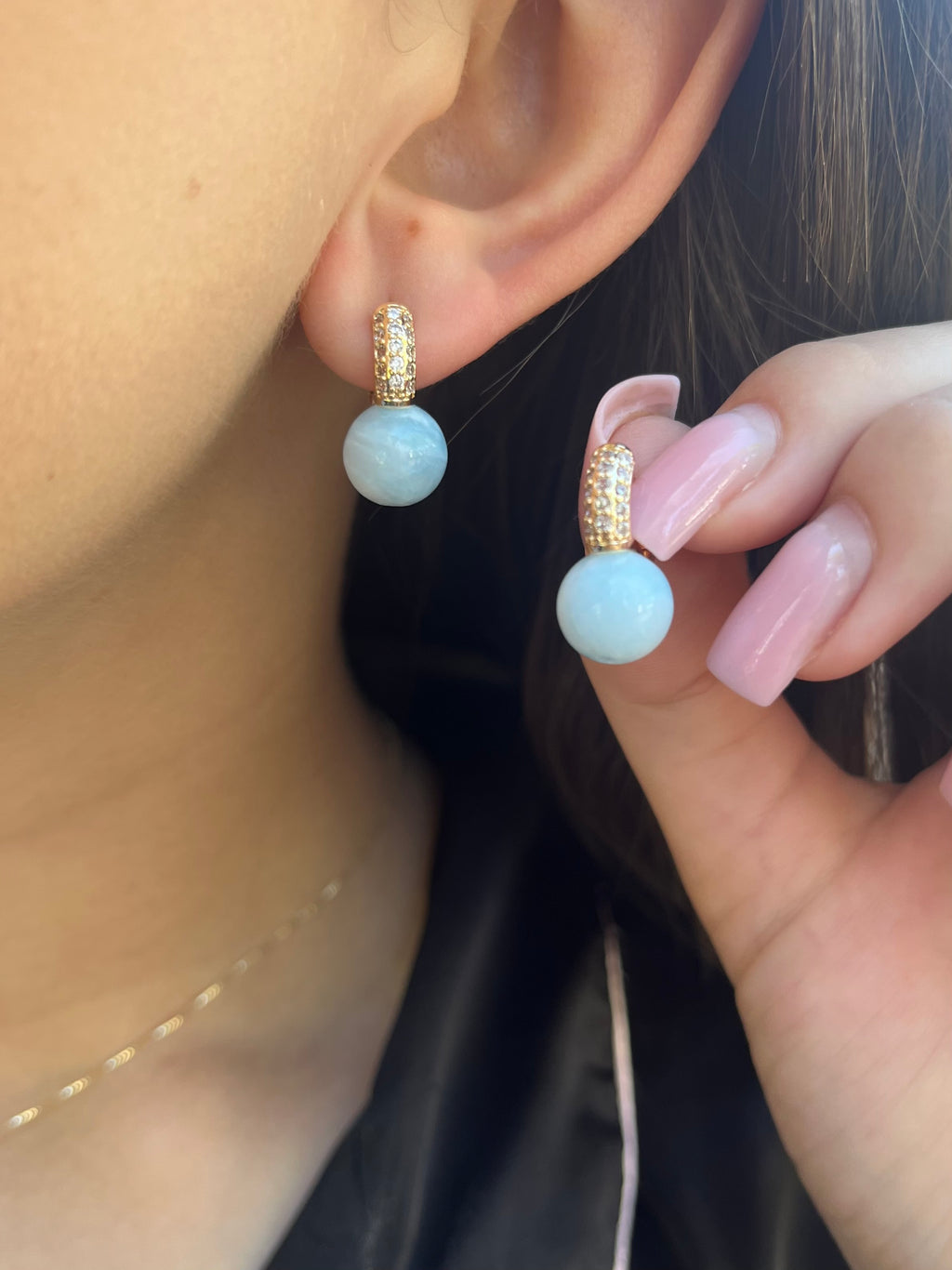 Natural light blue Jade Gold Zirconia Earrings