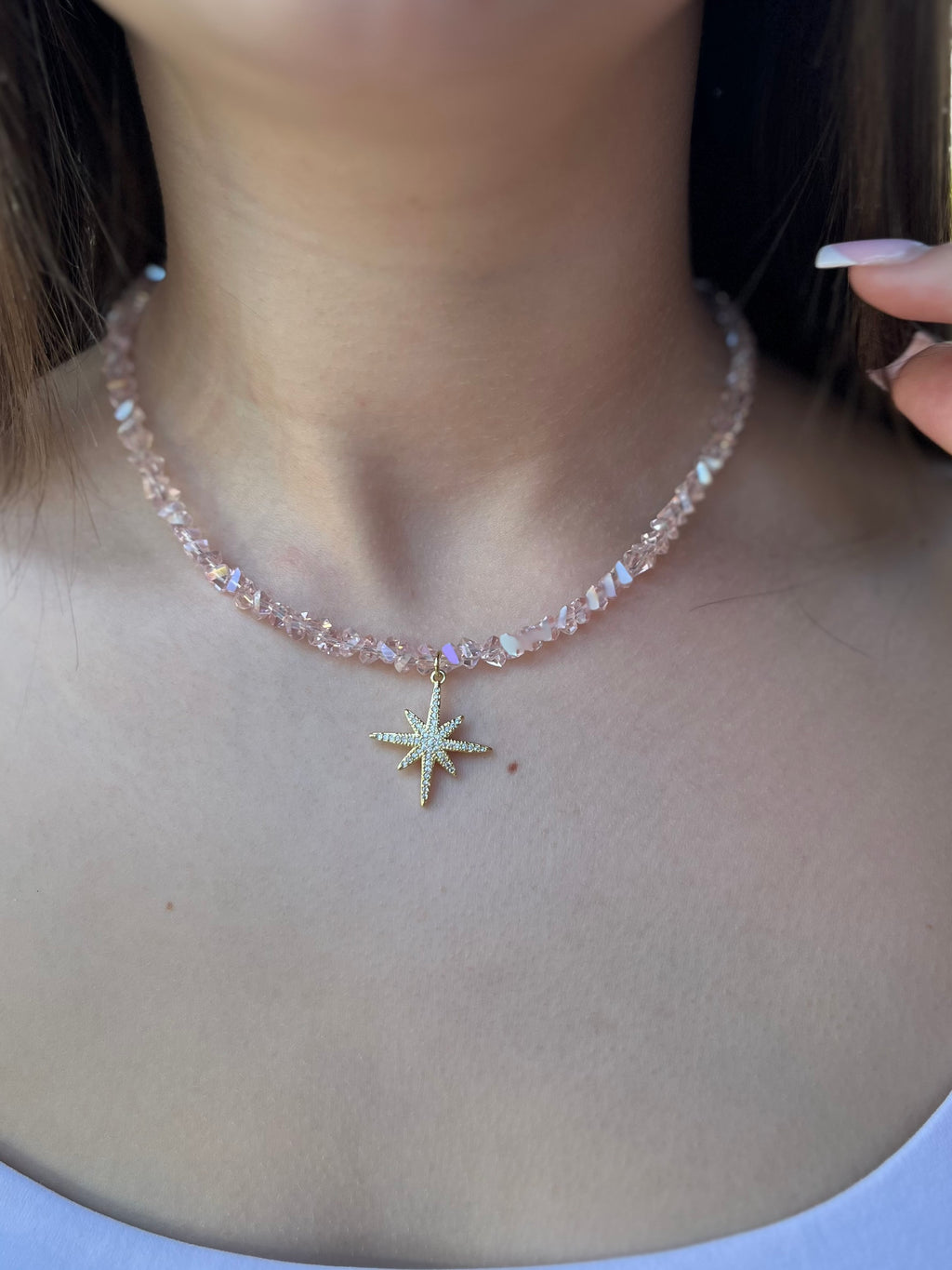 Crystal Glass Bead Choker: 18K Gold Star Pendant