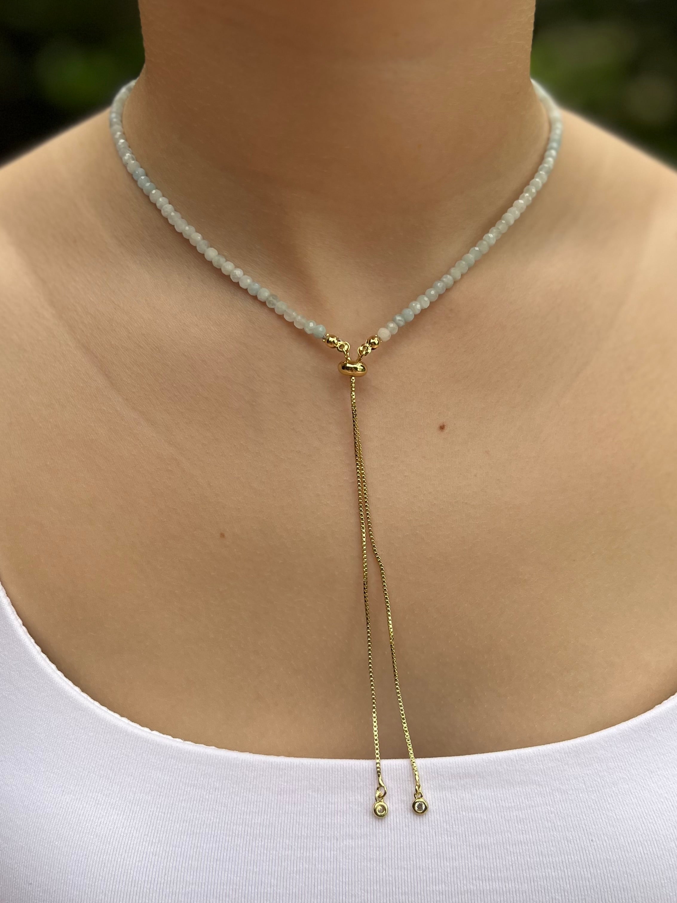 Aquamarine Slider Y-Necklace, 18k gold plated