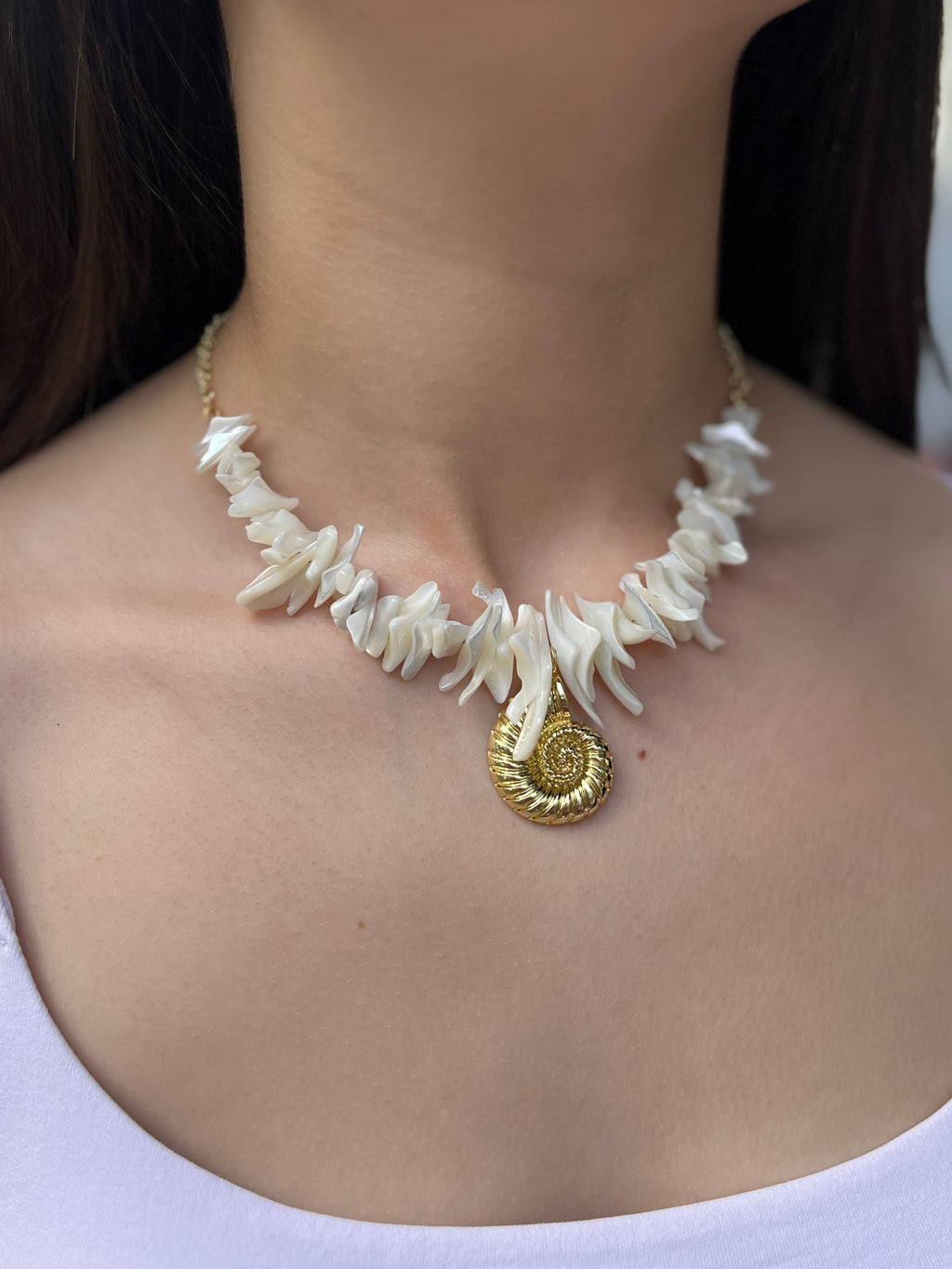 Natural Trochid Shell Necklace with Conch Charm, 18K Gold Plated