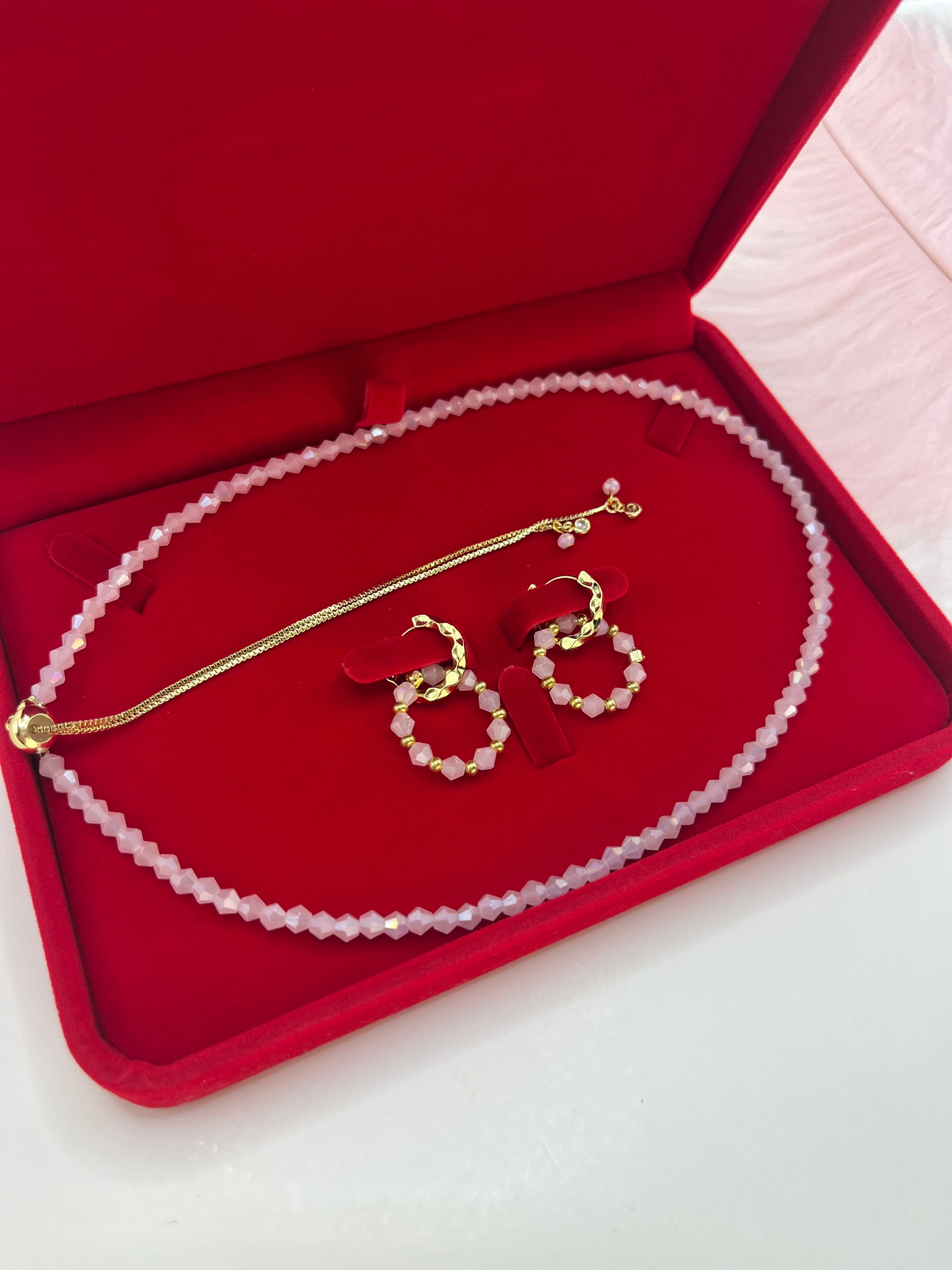 Set Pink Beaded Choker Necklace with Earrings – 18K Gold Plated