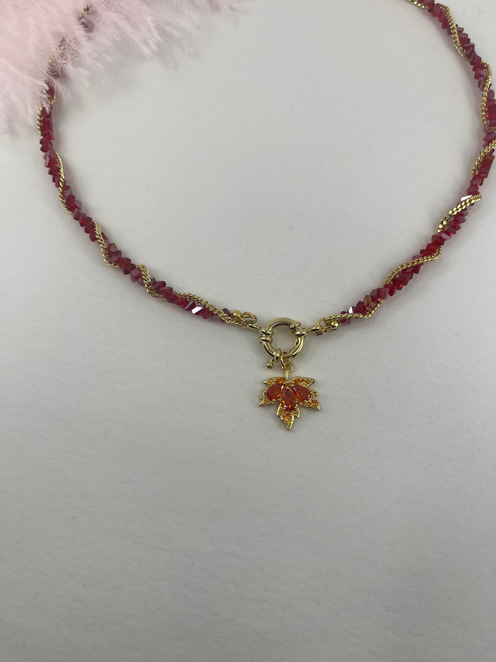 Crystal Red Necklace: 18K Gold Pendant Maple Leaf