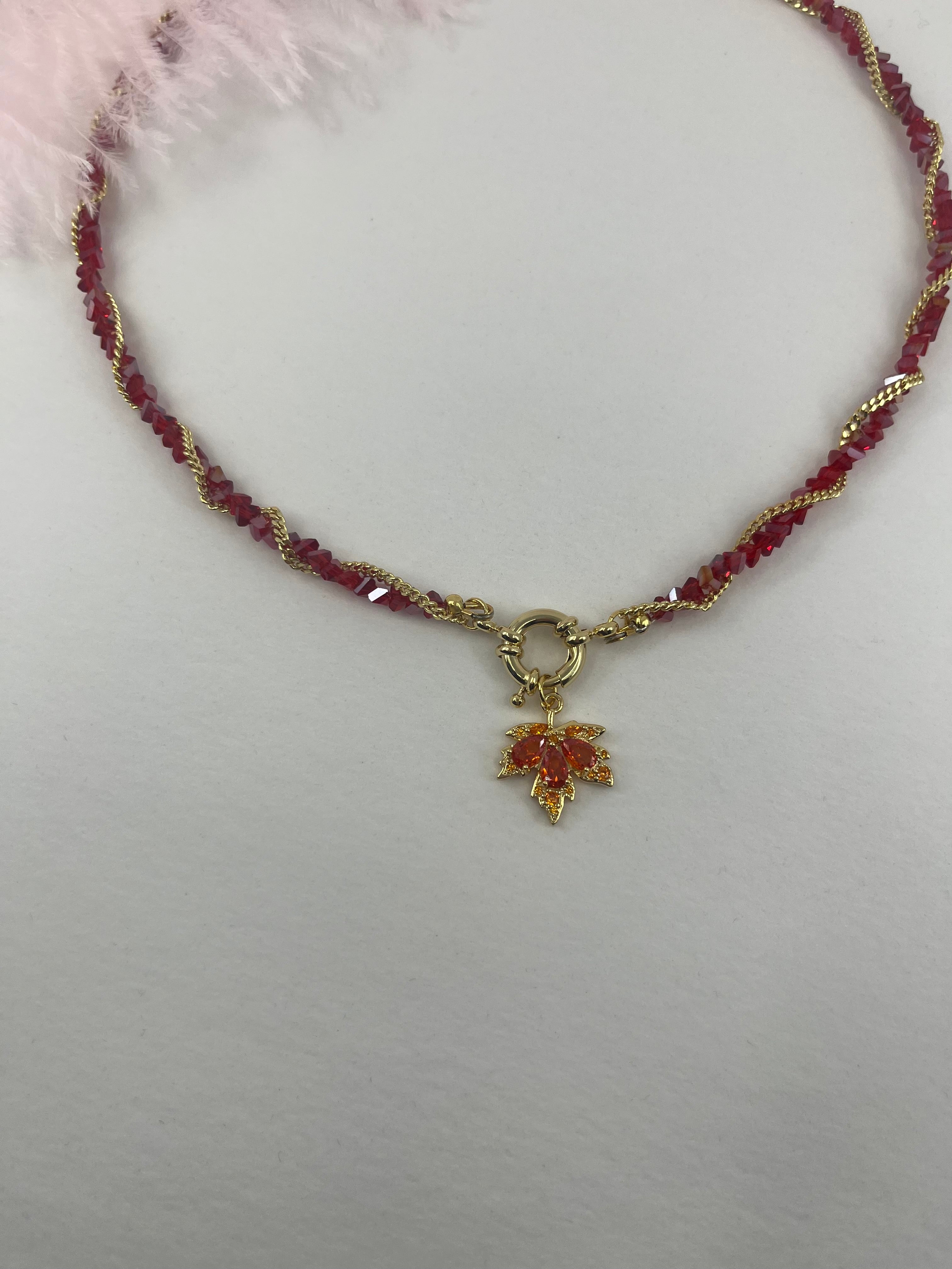 Crystal Red Necklace: 18K Gold Pendant Maple Leaf